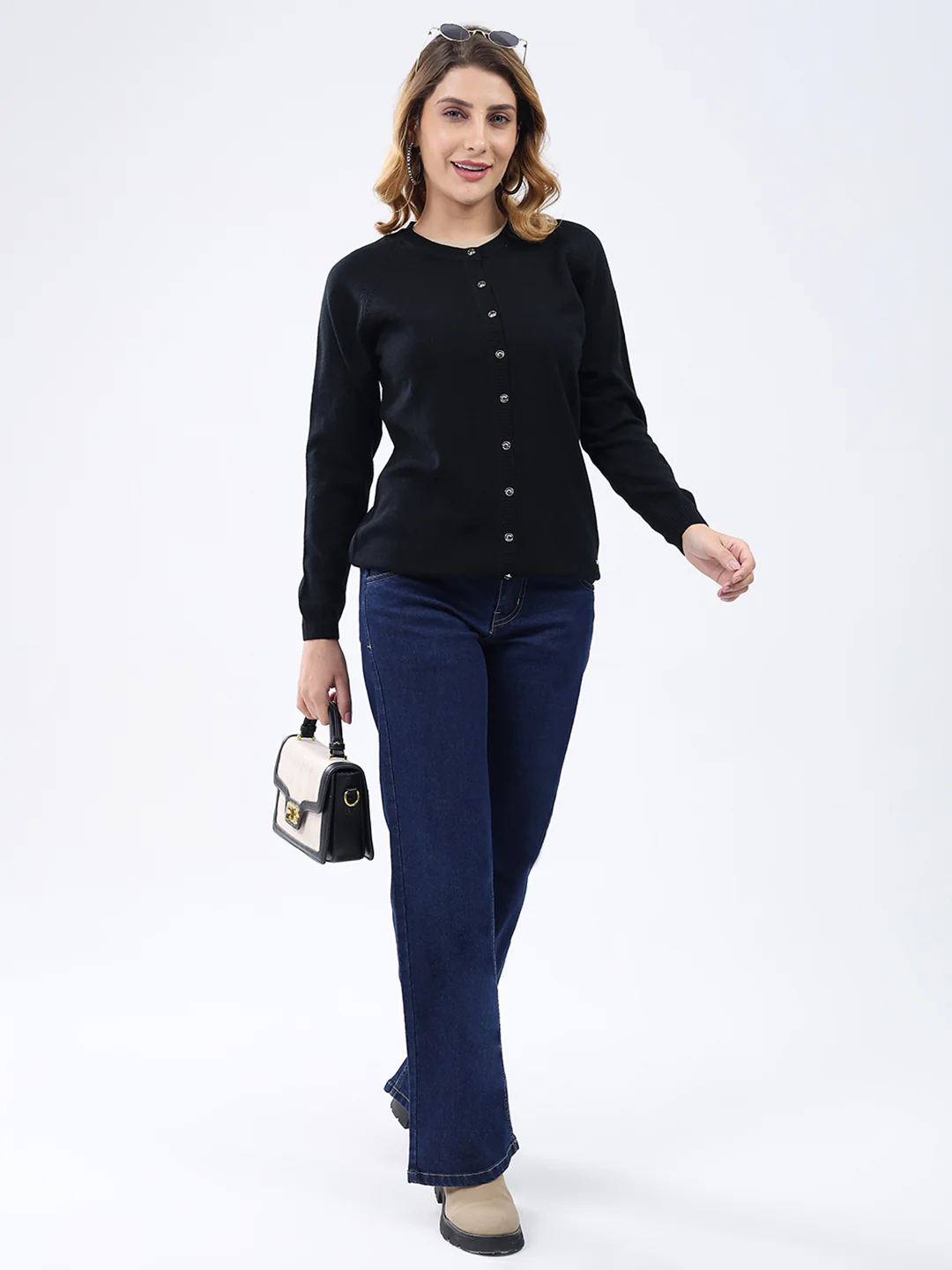 Women Black Solid Round Neck Full Sleeve Cardigan - Image 2