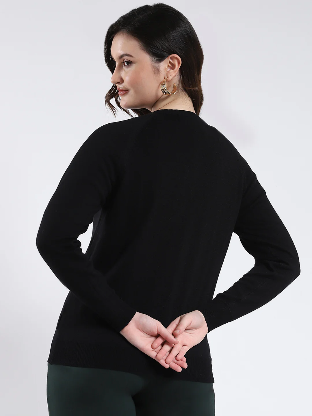 Women Black Solid Round Neck Full Sleeve Cardigan - Image 5