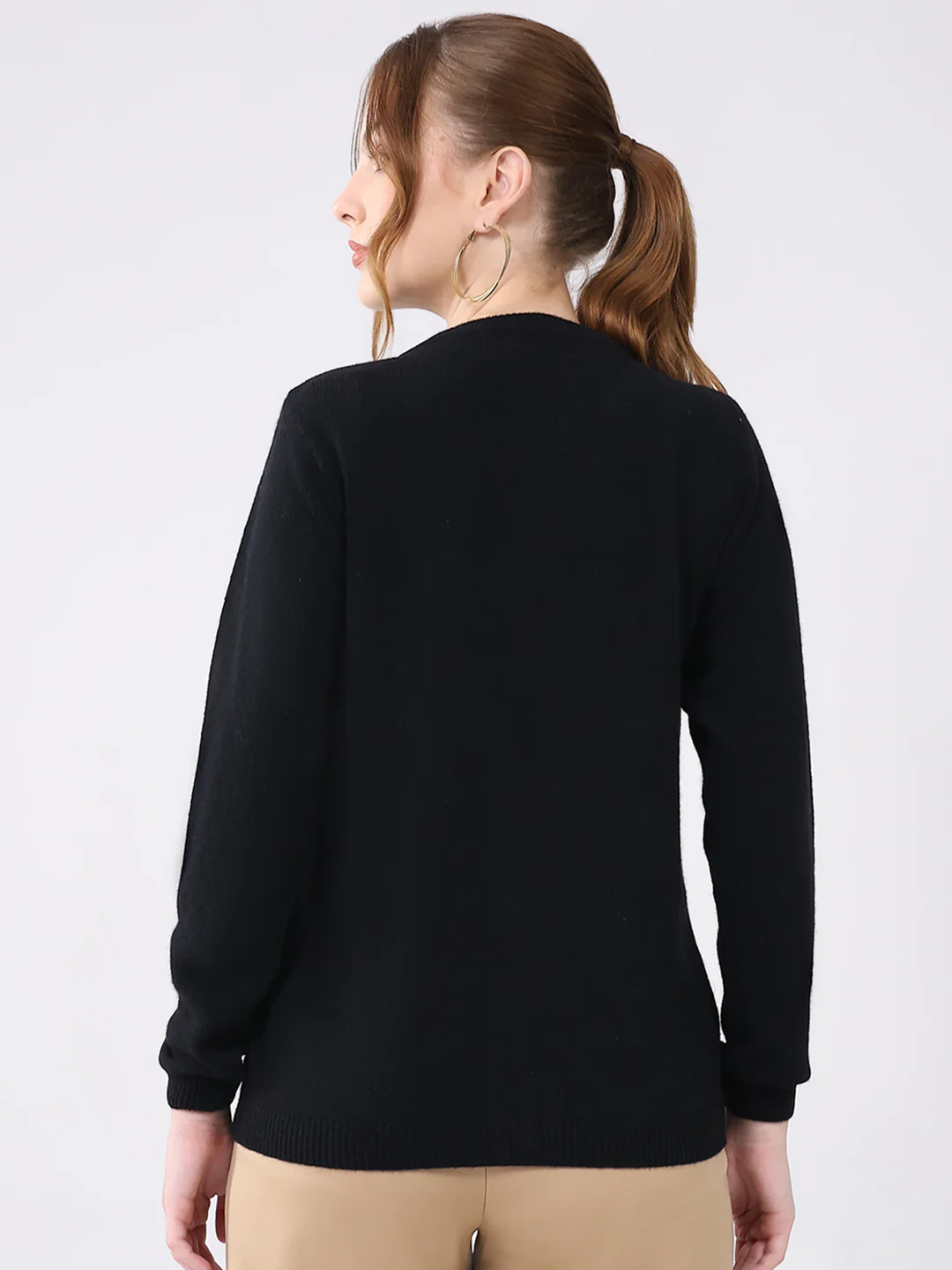 Women Black Solid Round Neck Full Sleeve Cardigan - Image 5