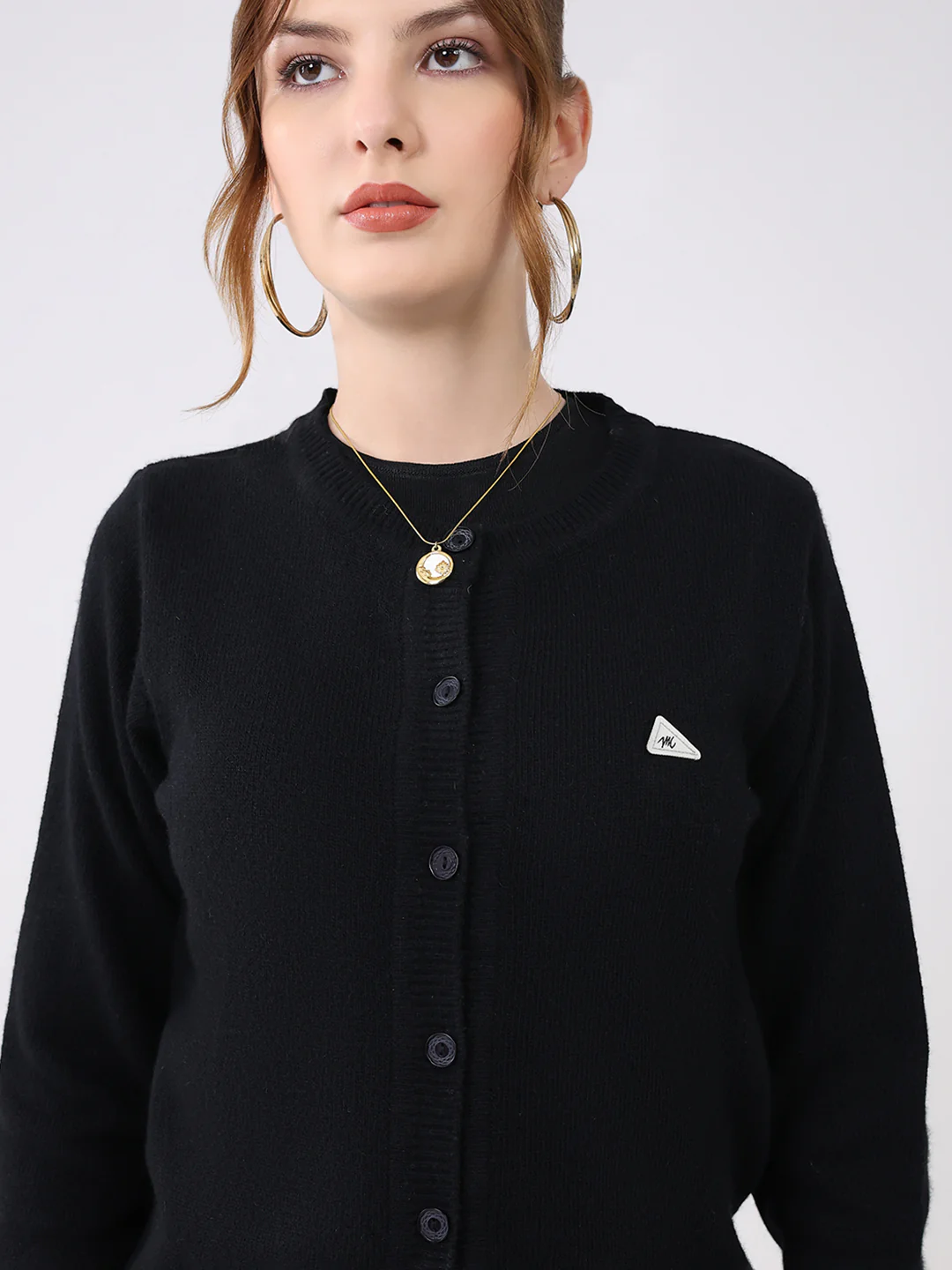 Women Black Solid Round Neck Full Sleeve Cardigan - Image 6