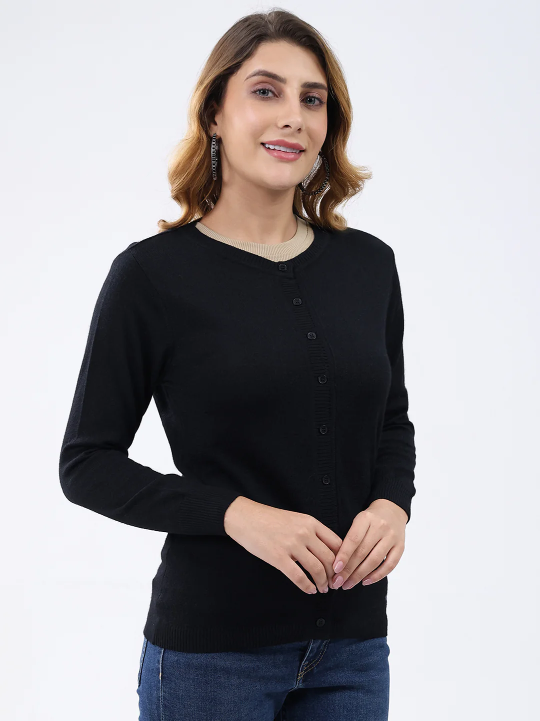 Women Black Solid Round Neck Full Sleeve Cardigan - Image 3
