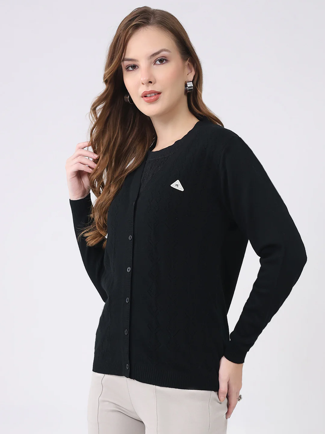 Women Black Solid Round Neck Full Sleeve Cardigan - Image 3
