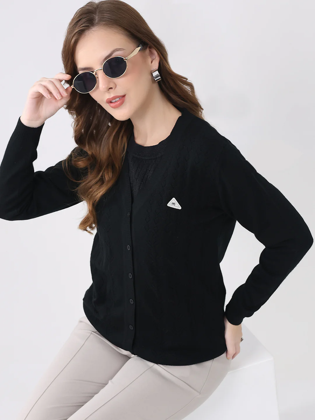 Women Black Solid Round Neck Full Sleeve Cardigan - Image 6