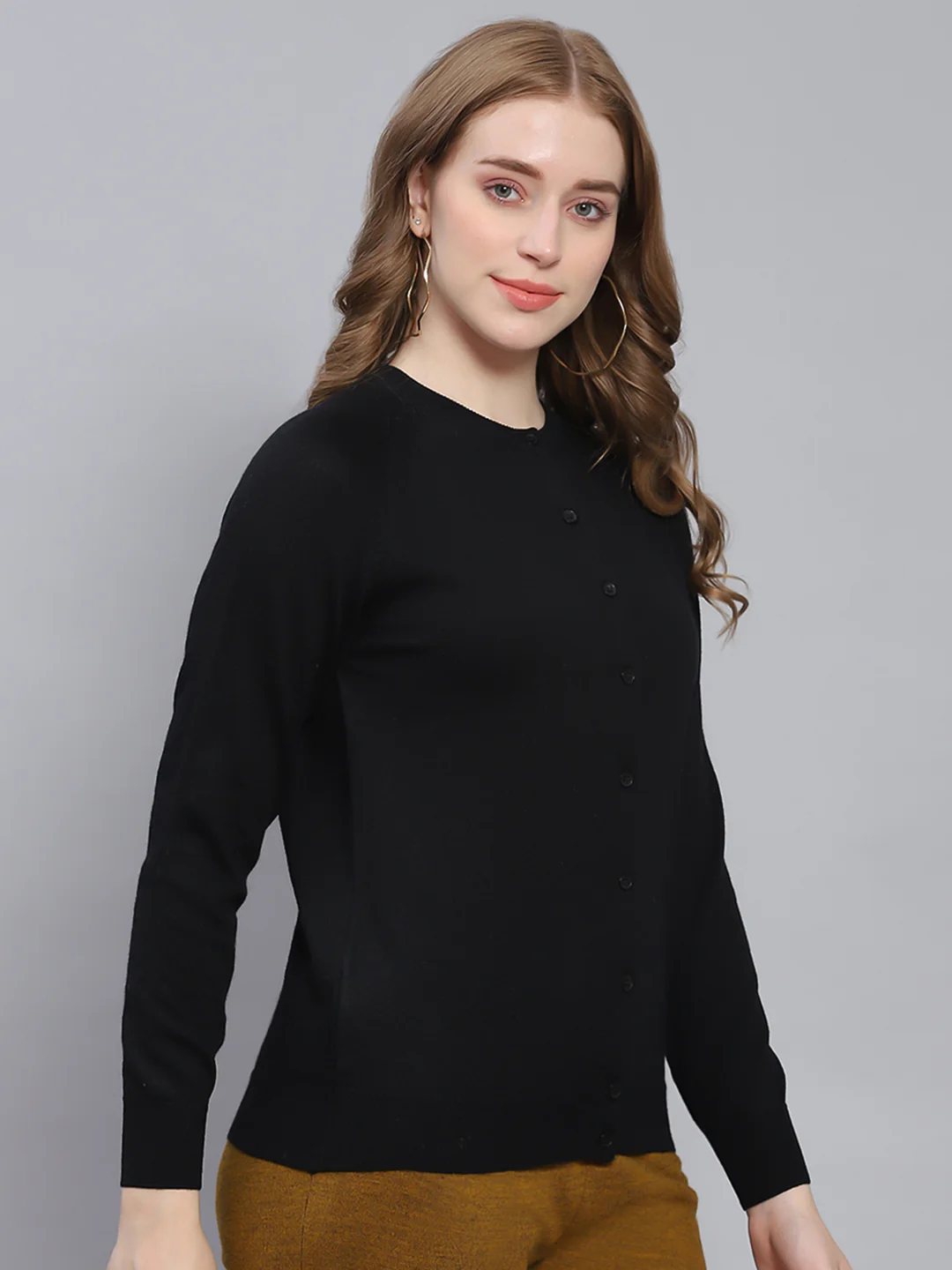 Women Black Solid Round Neck Full Sleeve Cardigans - Image 4
