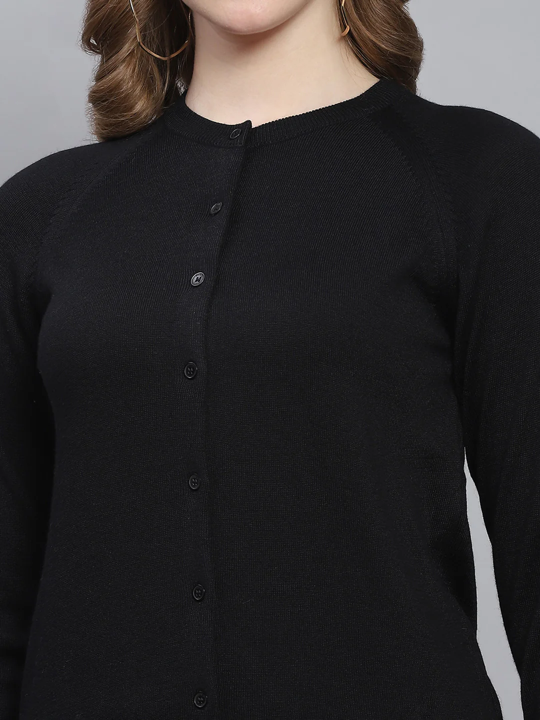 Women Black Solid Round Neck Full Sleeve Cardigans - Image 6