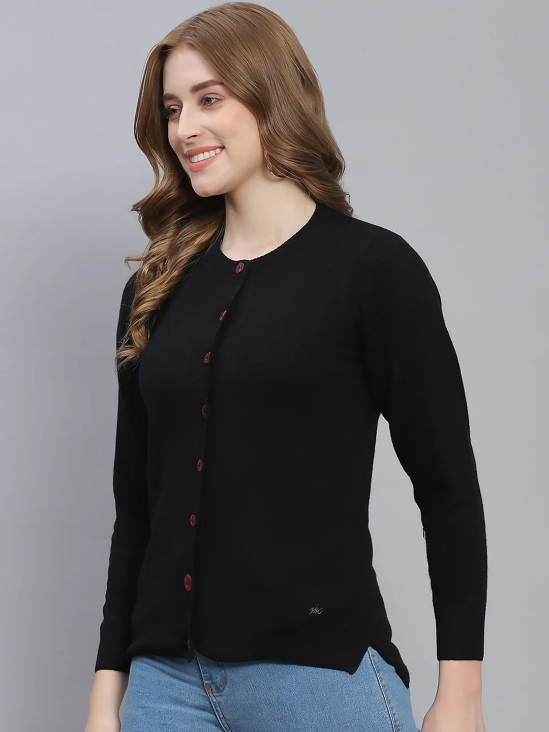 Women Black Solid Round Neck Full Sleeve Cardigans - Image 3