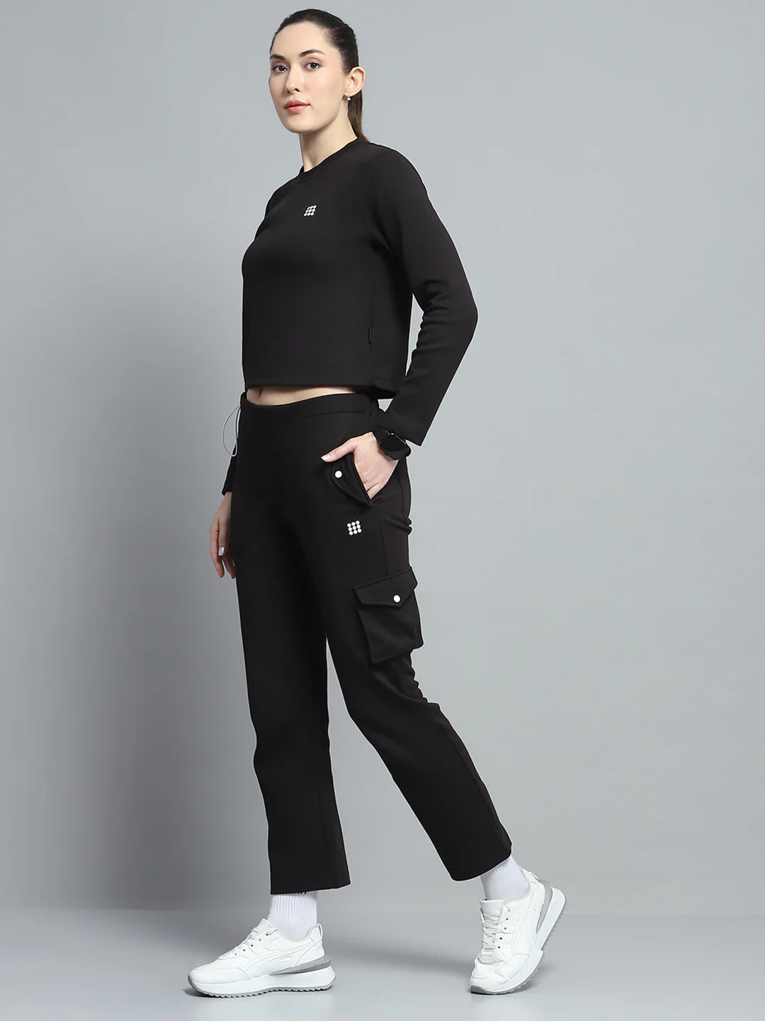 Rock.it Women Black Solid Round Neck Full Sleeve Tracksuit - Image 3