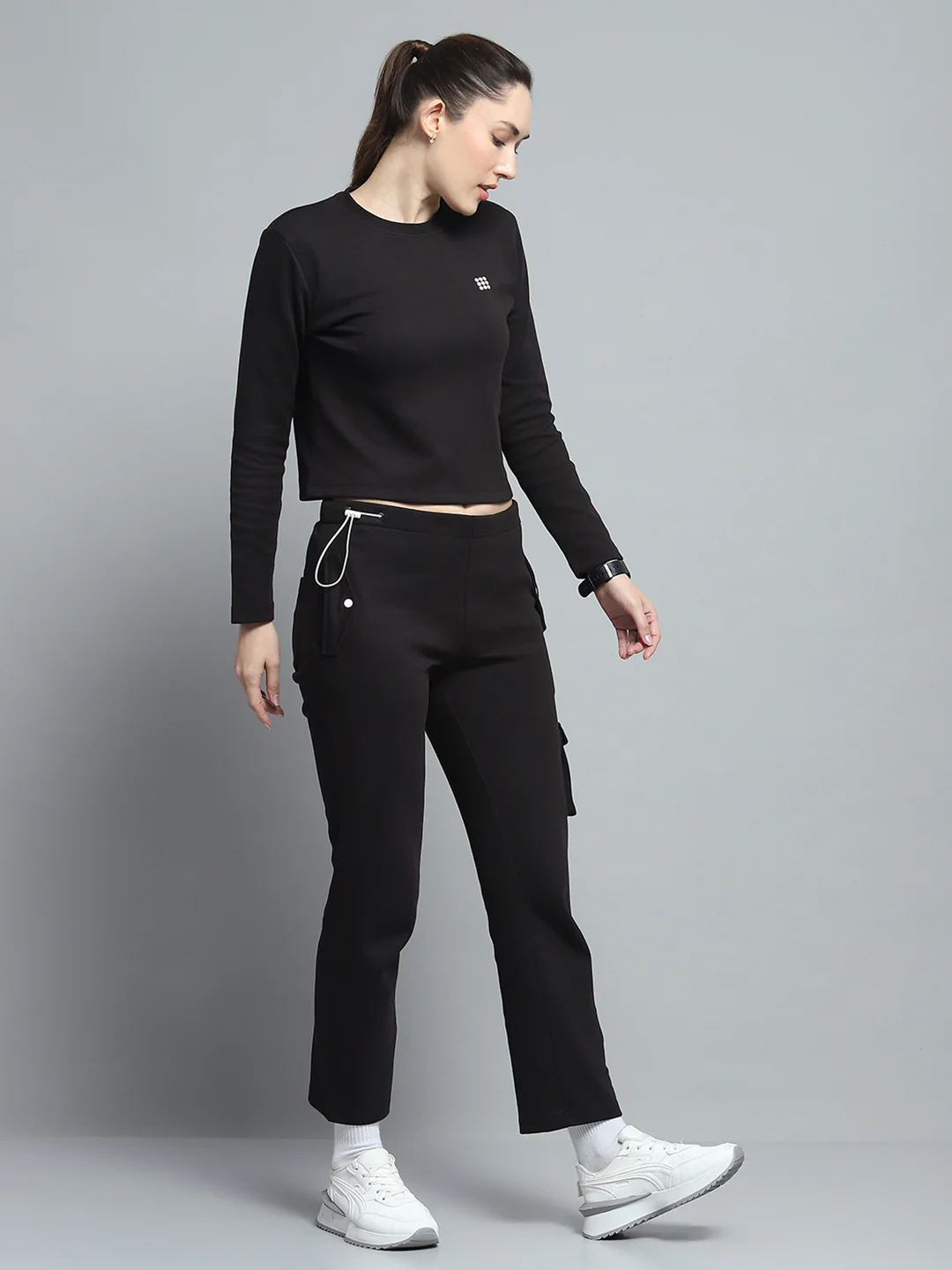 Rock.it Women Black Solid Round Neck Full Sleeve Tracksuit - Image 4