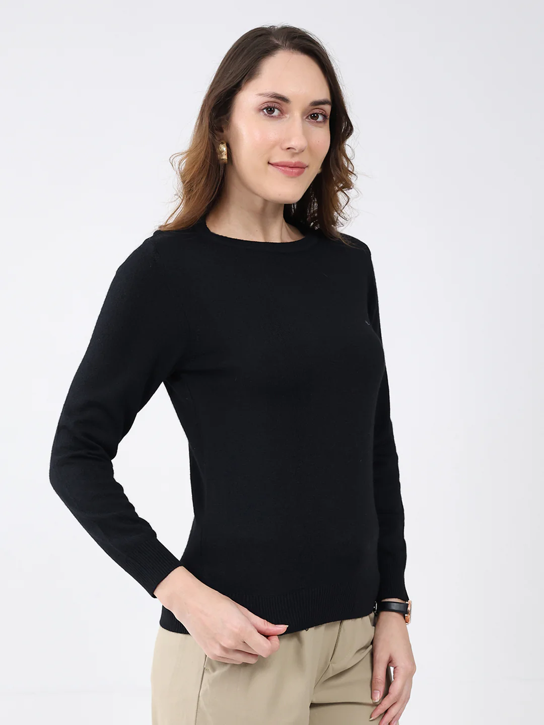 Women Black Solid Round Neck Full Sleeve Winter Top - Image 4