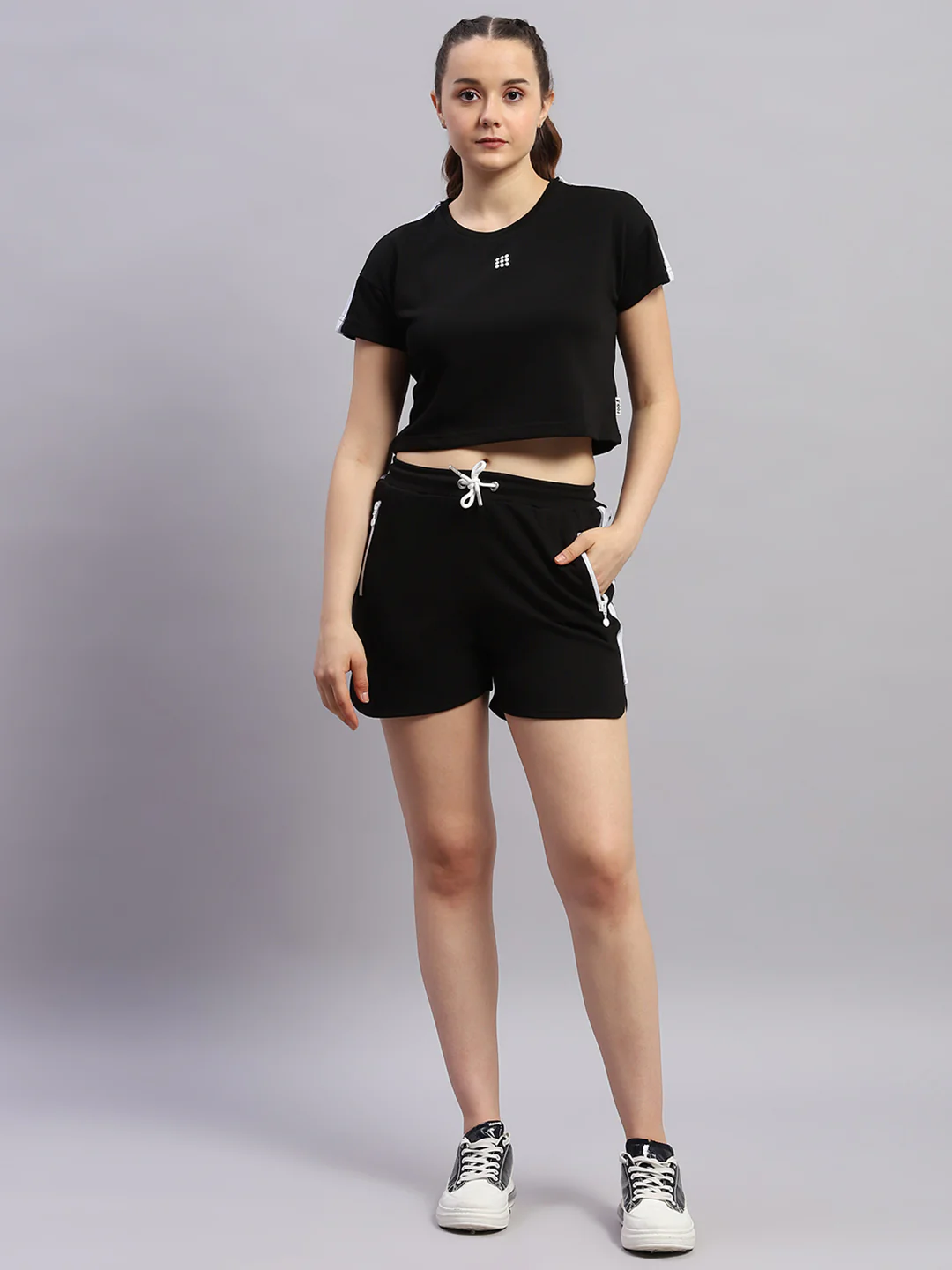 Rock.it Women Black Solid Round Neck Half Sleeve Cords Set - Image 2