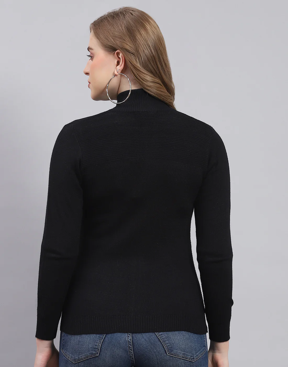 Women Black Solid Stand Collar Full Sleeve Cardigan - Image 5