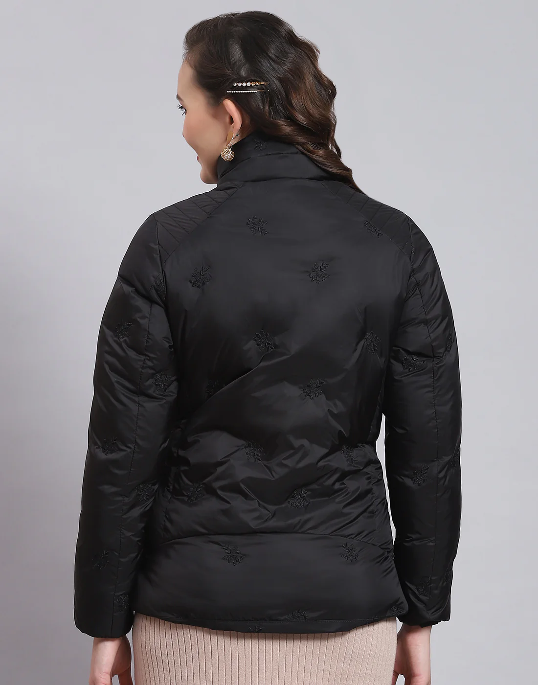 Women Black Solid Stand Collar Full Sleeve Jacket - Image 5