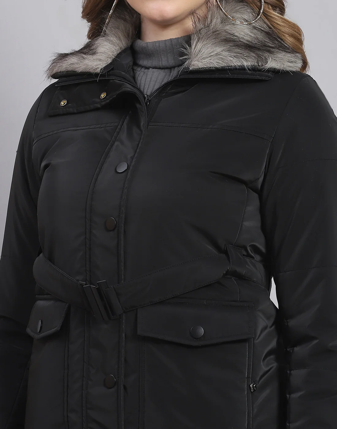 Women Black Solid Stand Collar Full Sleeve Jacket - Image 6