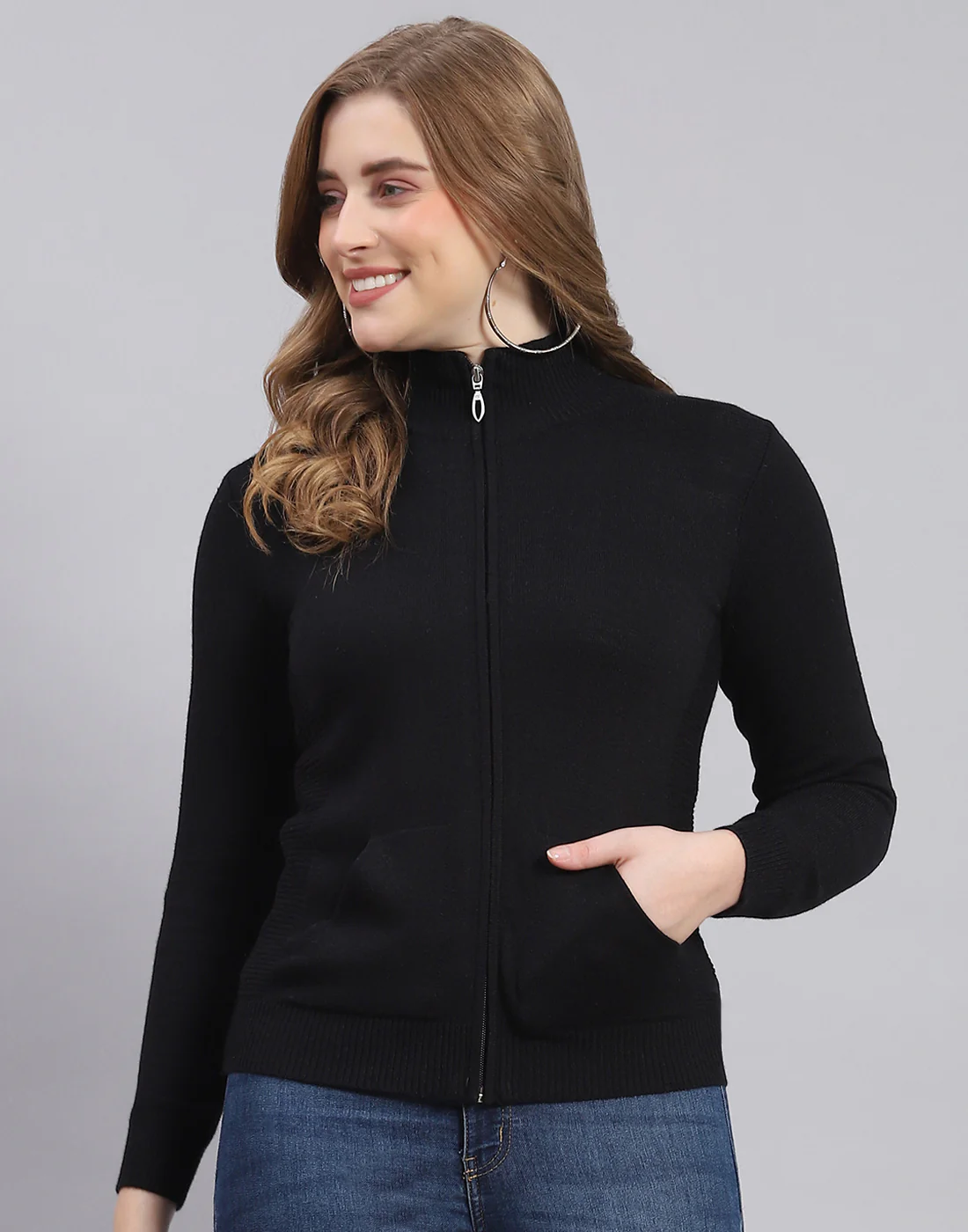 Women Black Solid Stand Collar Full Sleeve Sweater - Image 2