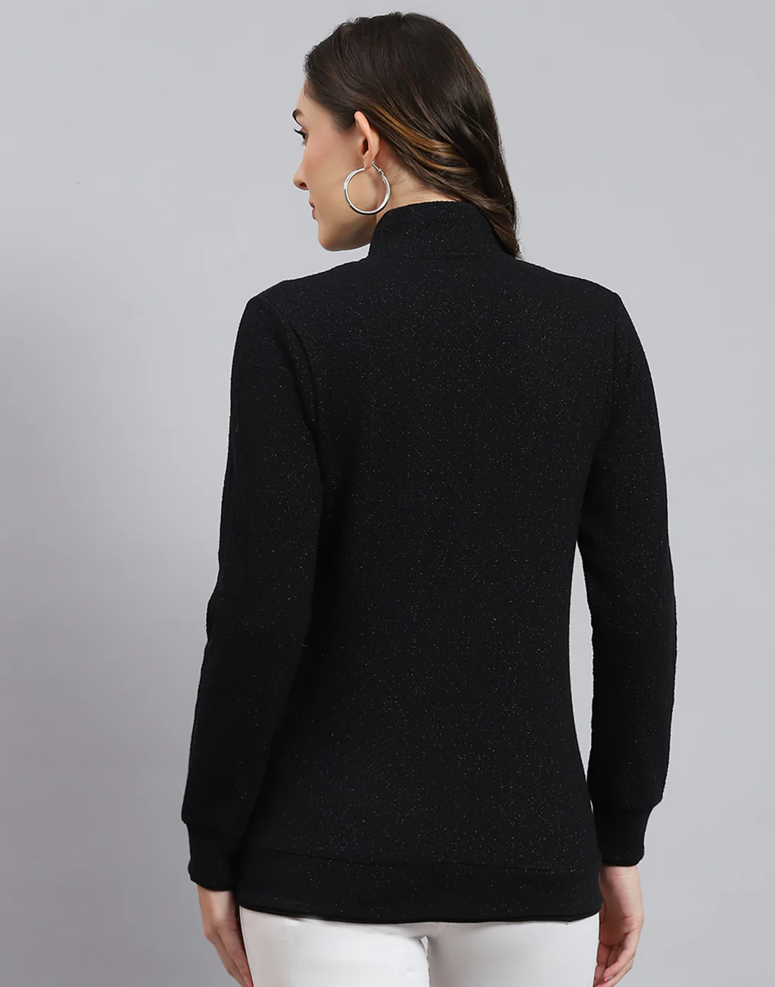 Women Black Solid Stand Collar Full Sleeve Sweatshirt - Image 6