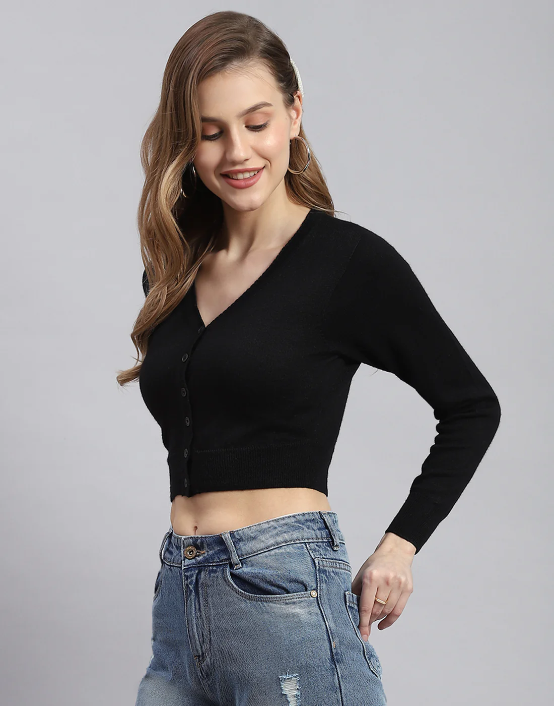 Women Black Solid V Neck Full Sleeve Blouse - Image 3
