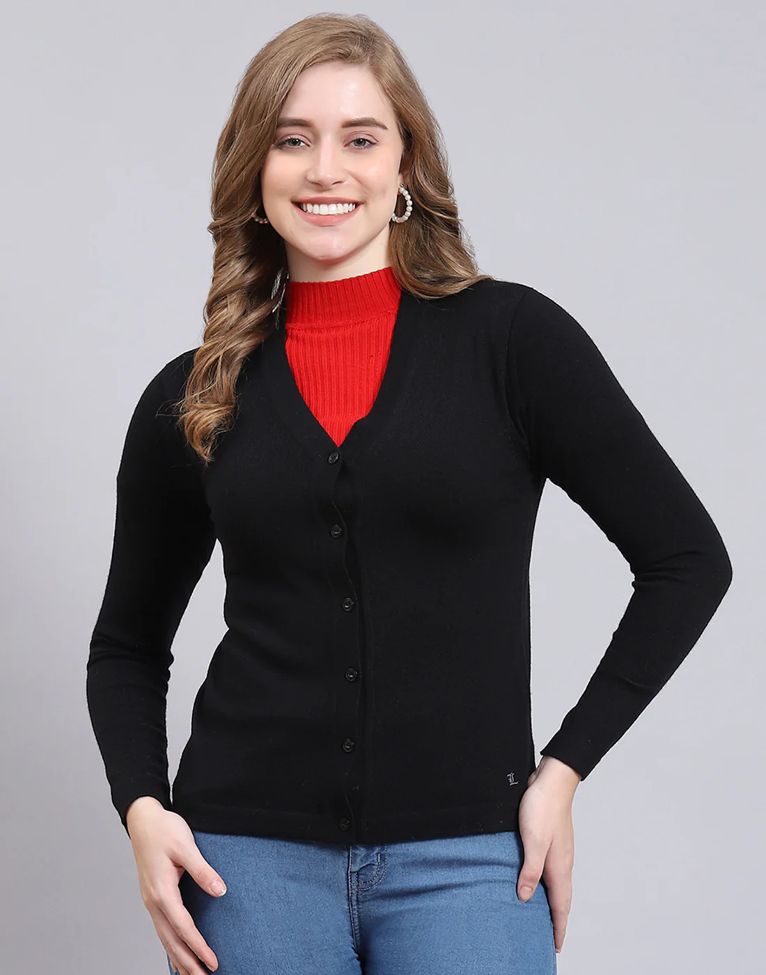 Women Black Solid V Neck Full Sleeve Cardigan - Image 2