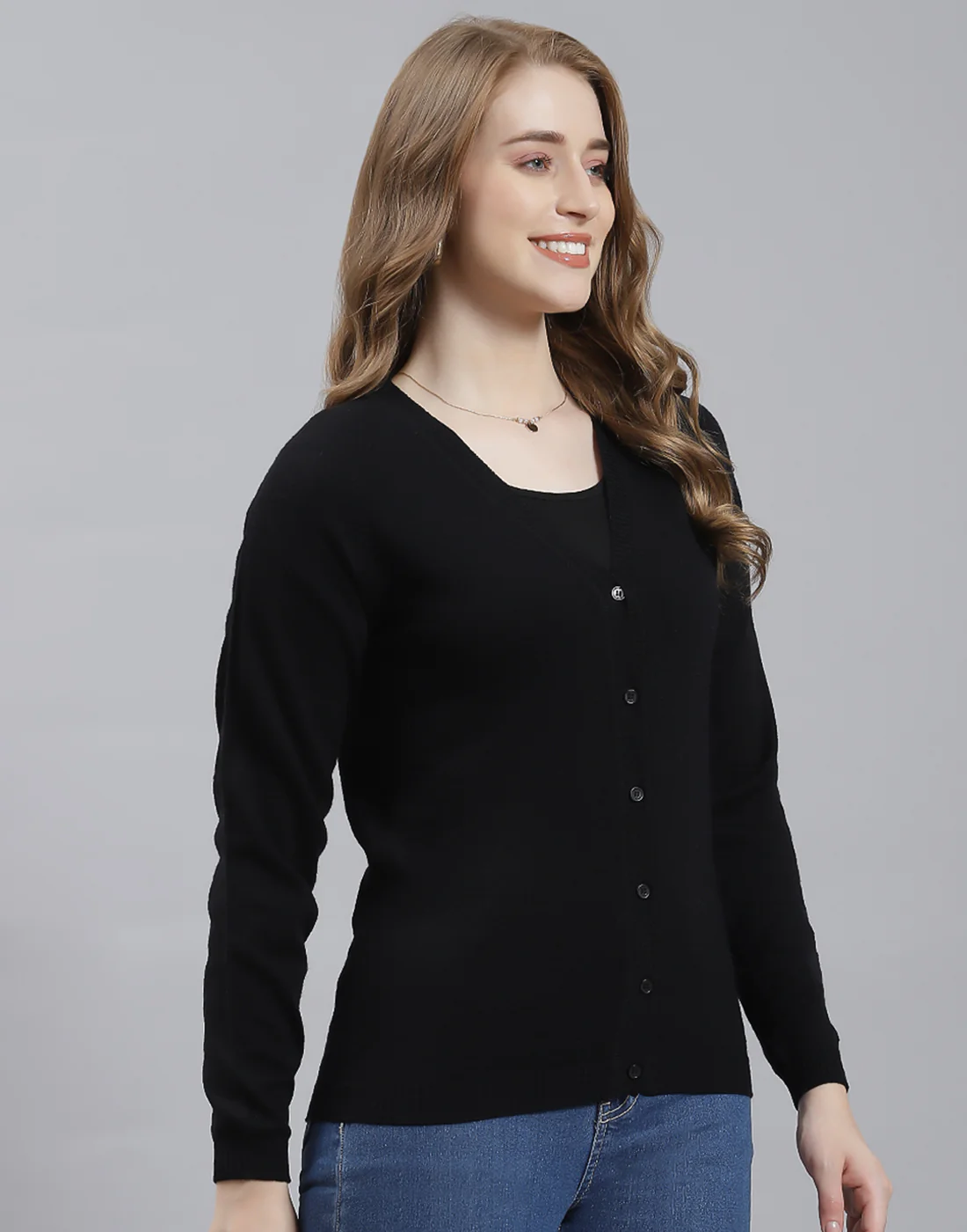 Women Black Solid V Neck Full Sleeve Cardigan - Image 4