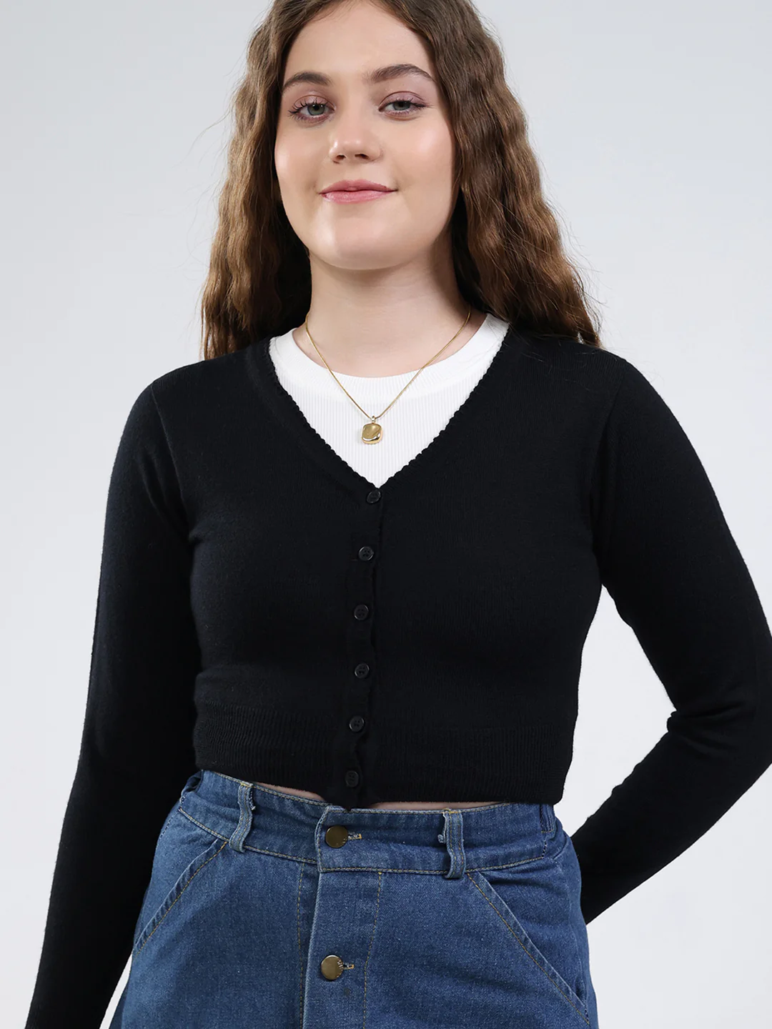 Women Black Solid V Neck Full Sleeve Cardigan - Image 6