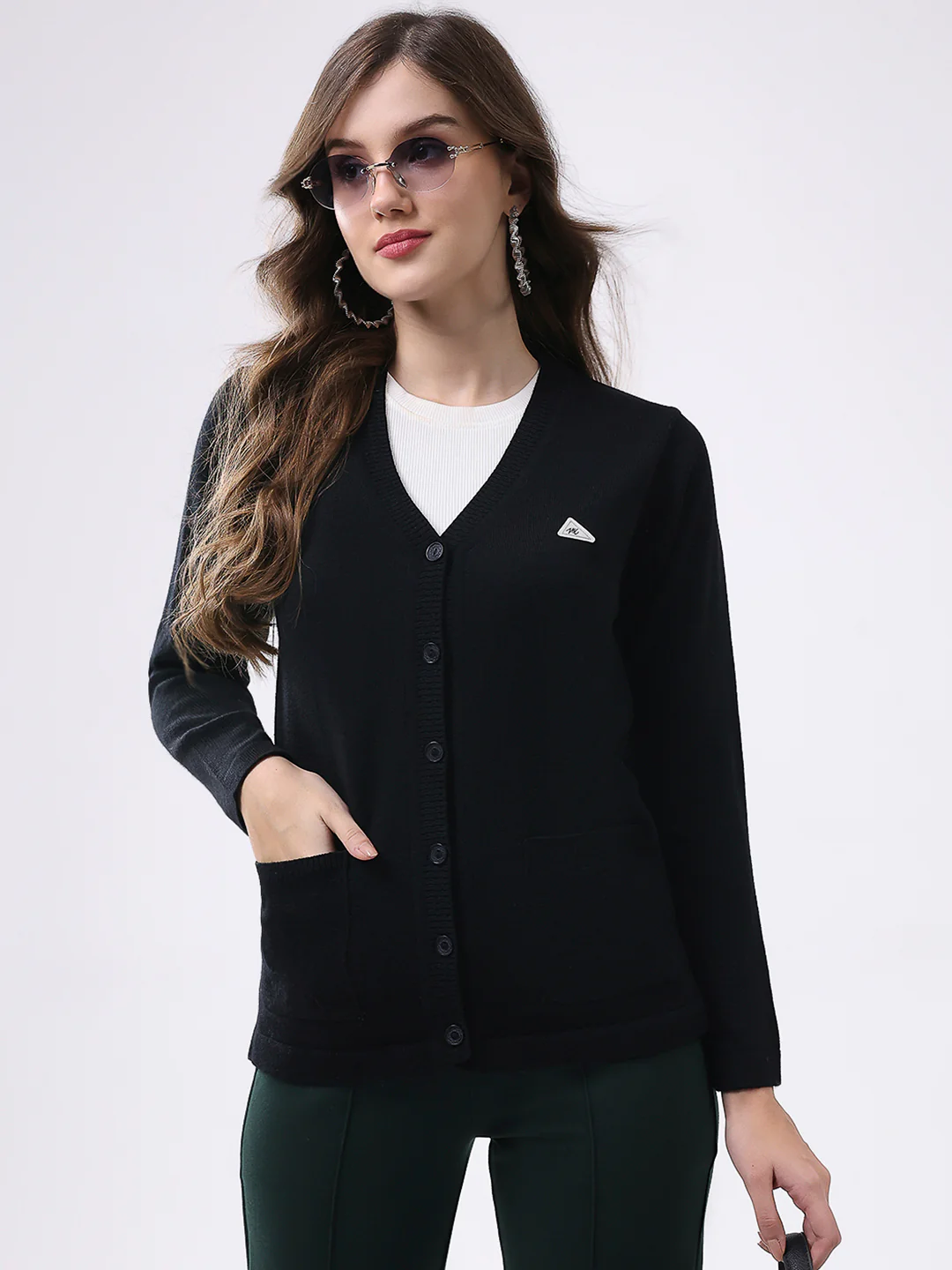 Women Black Solid V Neck Full Sleeve Cardigan - Image 6