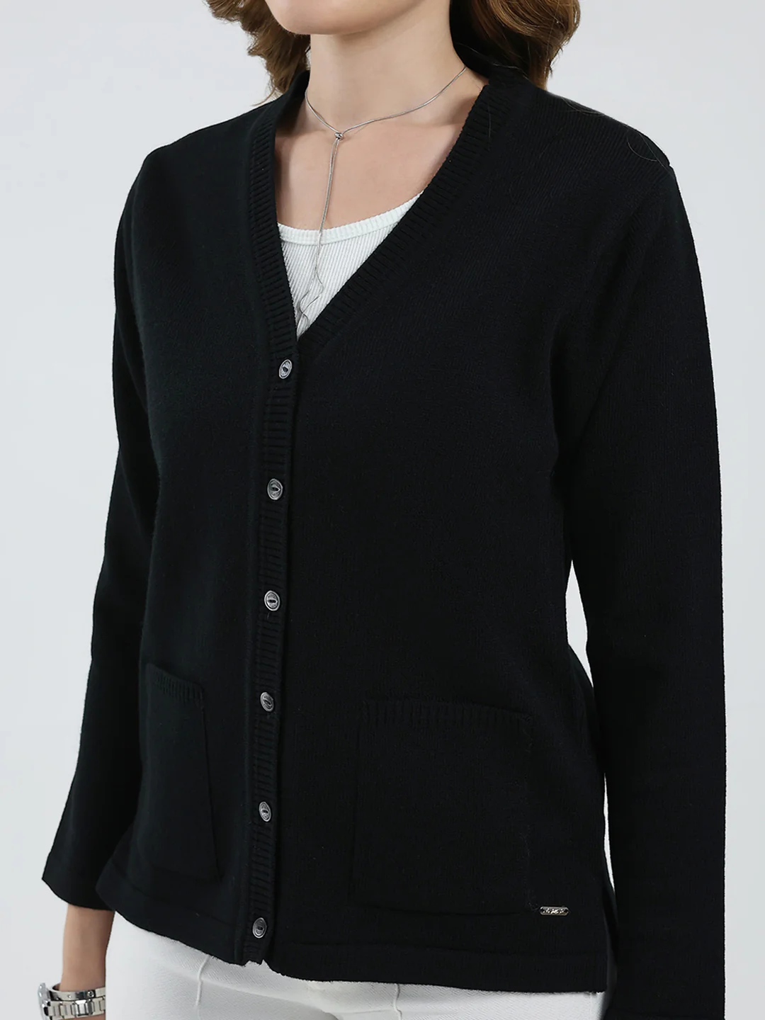 Women Black Solid V Neck Full Sleeve Cardigan - Image 7