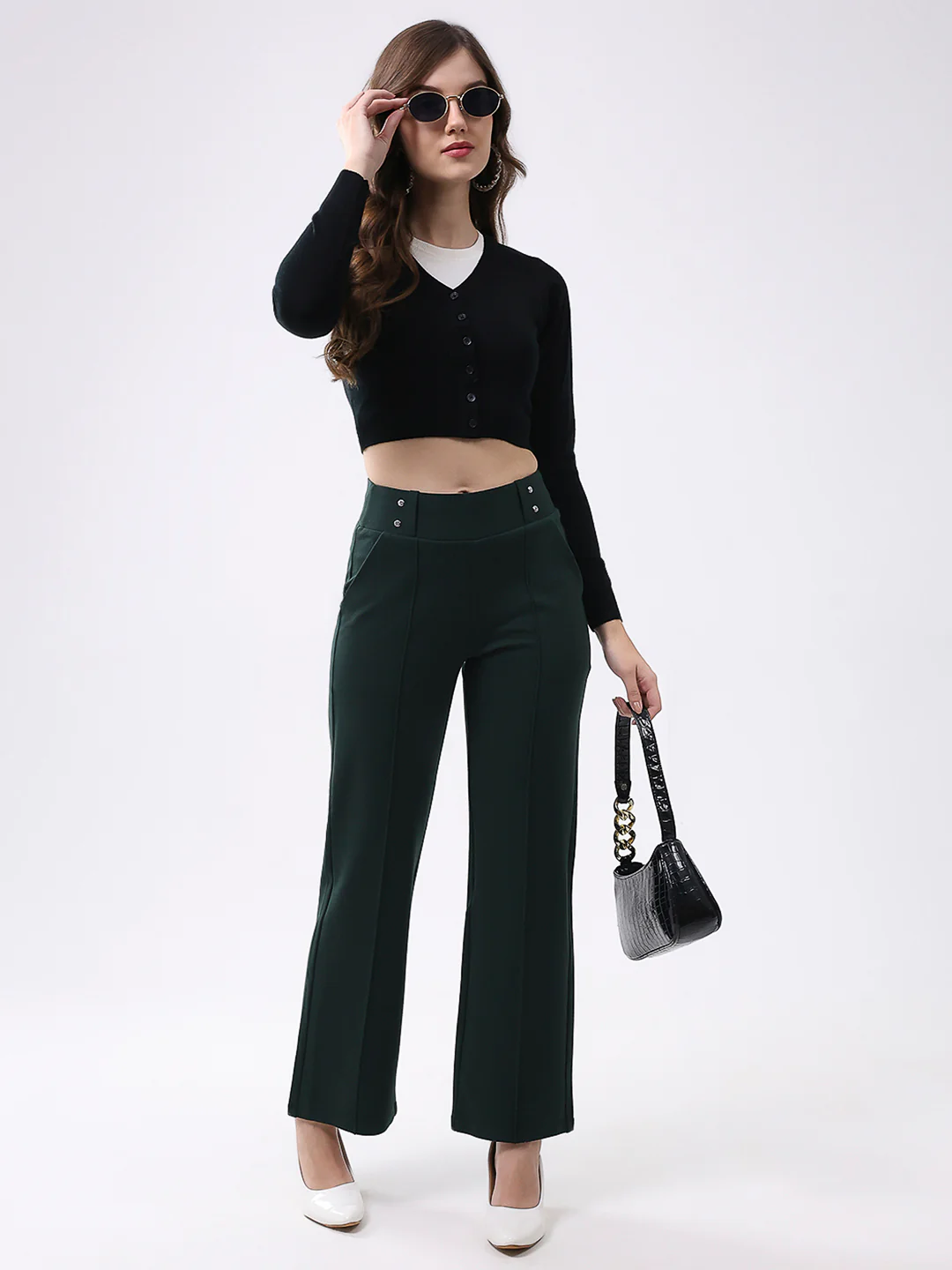 Women Black Solid V Neck Full Sleeve Cardigan - Image 2