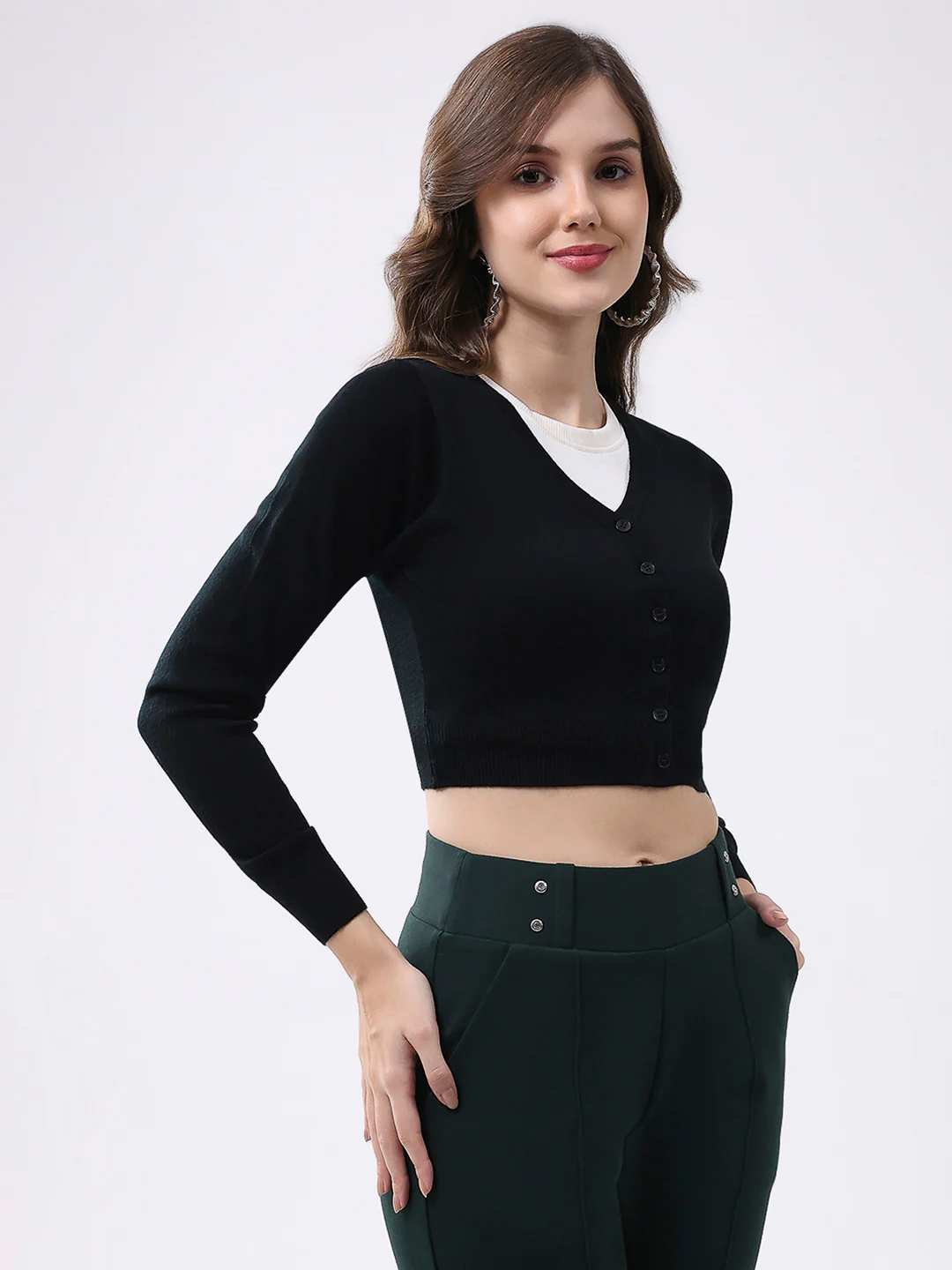Women Black Solid V Neck Full Sleeve Cardigan - Image 4