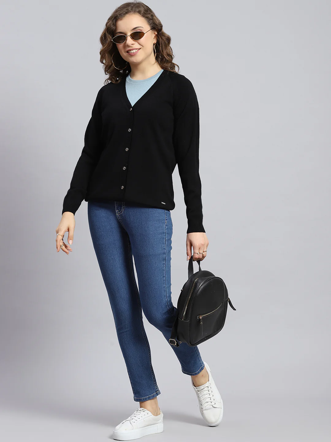 Women Black Solid V Neck Full Sleeve Cardigans - Image 2