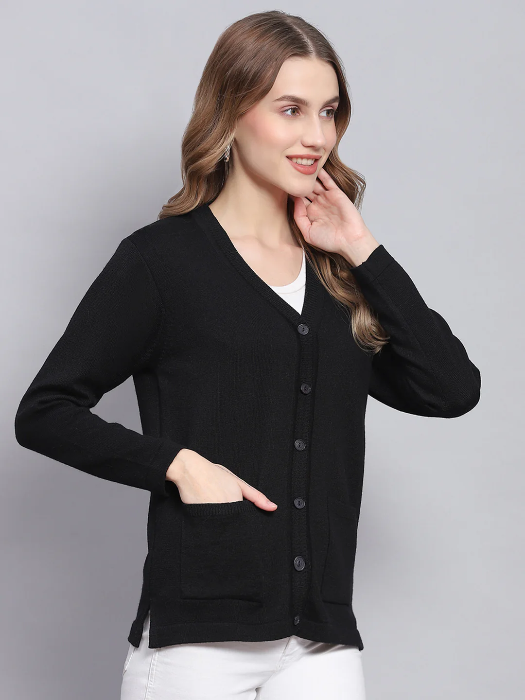 Women Black Solid V Neck Full Sleeve Cardigans - Image 4