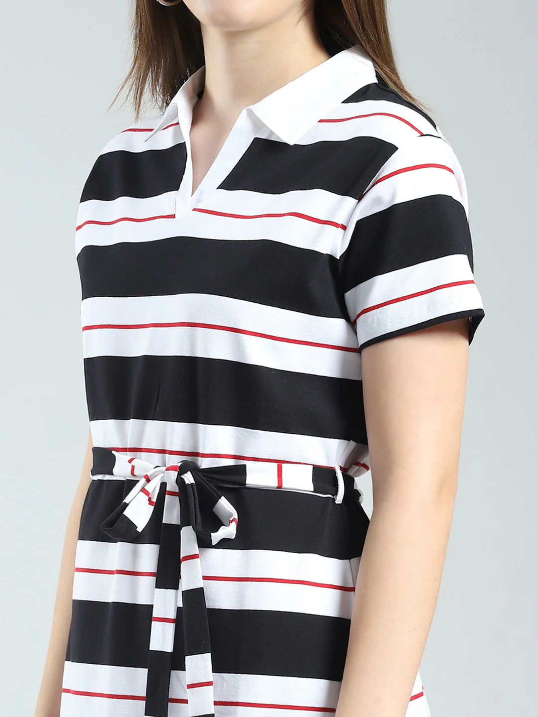 Women Black Stripe Collar Half Sleeve Dress - Image 7