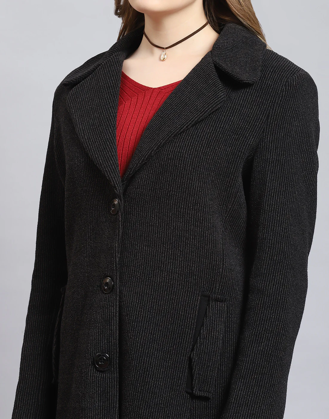 Women Black Stripe Lapel Collar Full Sleeve Coat - Image 6