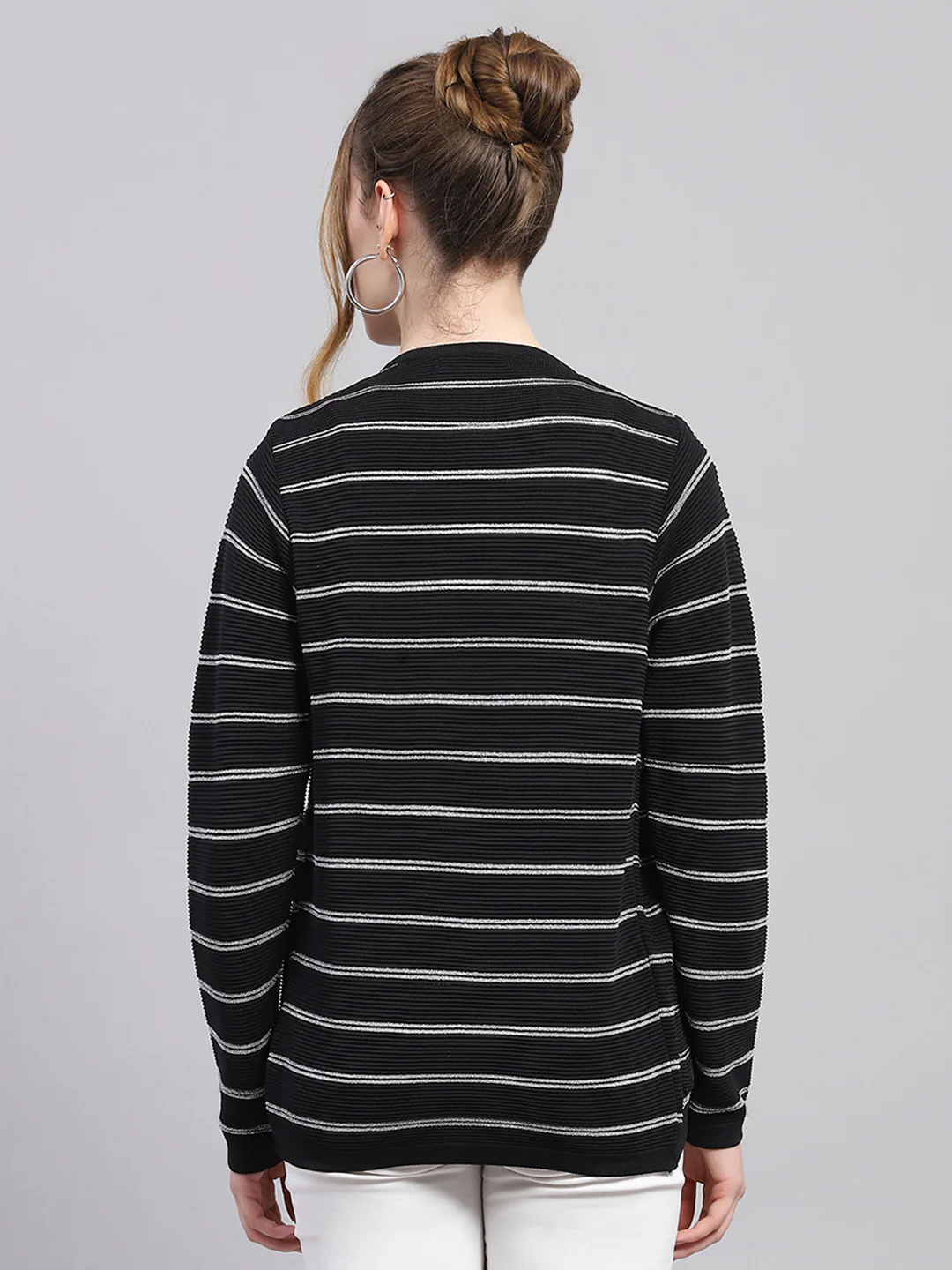 Women Black Stripe Round Neck Full Sleeve Cardigan - Image 5