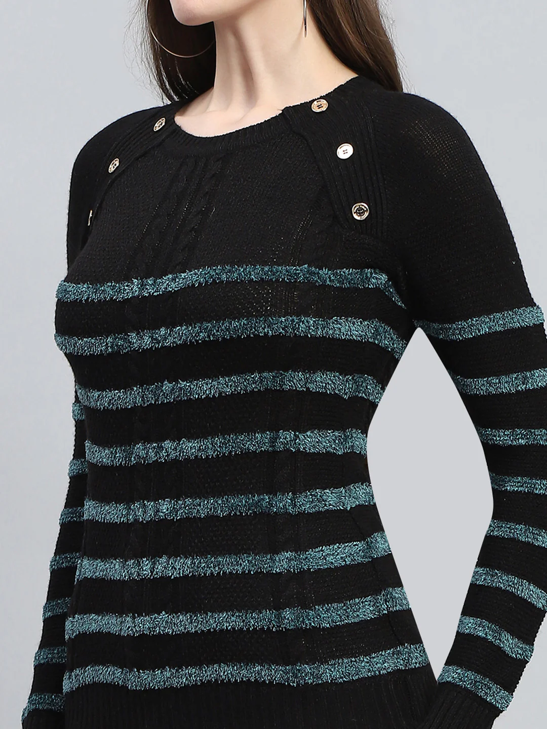 Women Black Stripe Round Neck Full Sleeve Winter Tops - Image 6