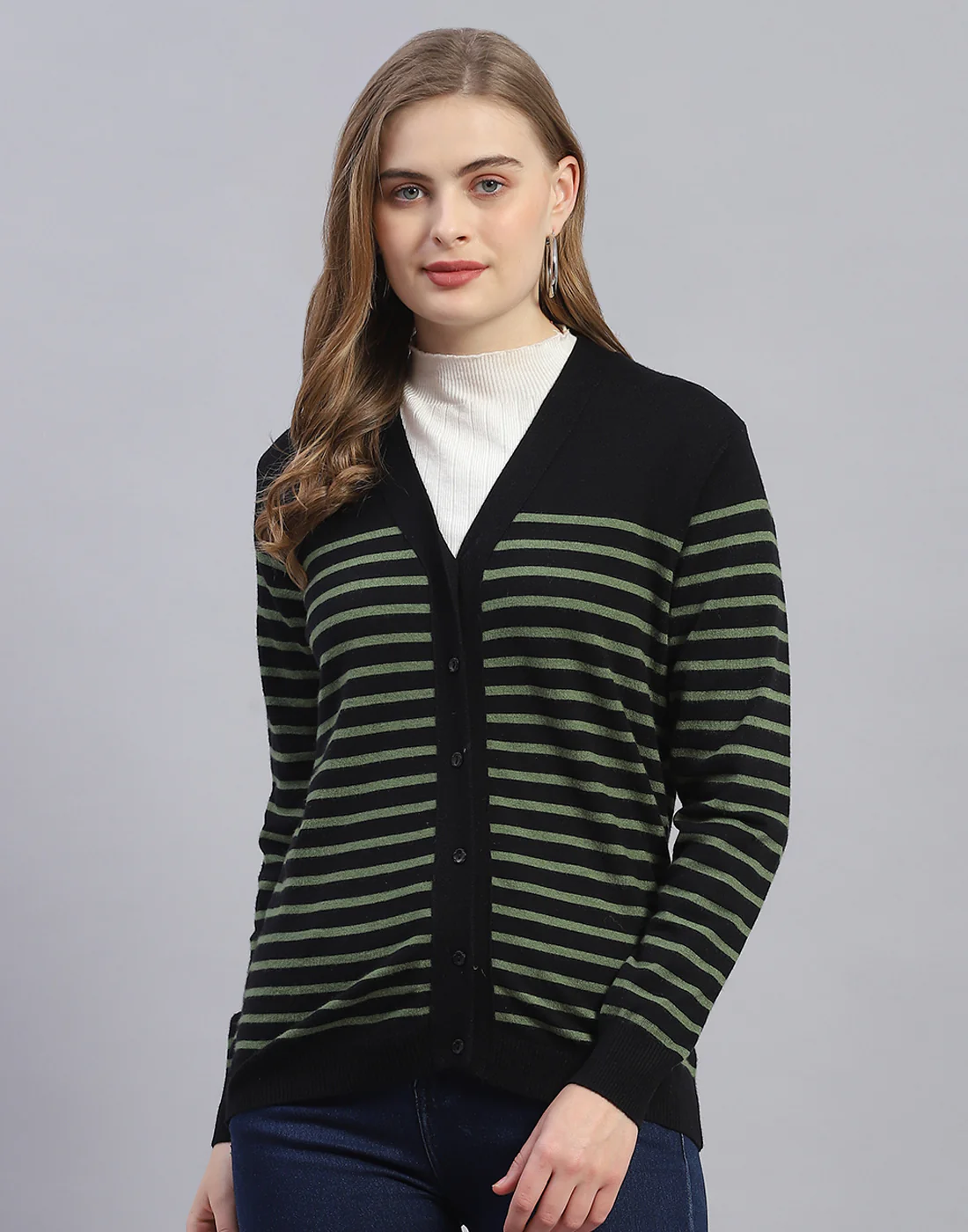 Women Black Stripe V Neck Full Sleeve Cardigan - Image 2