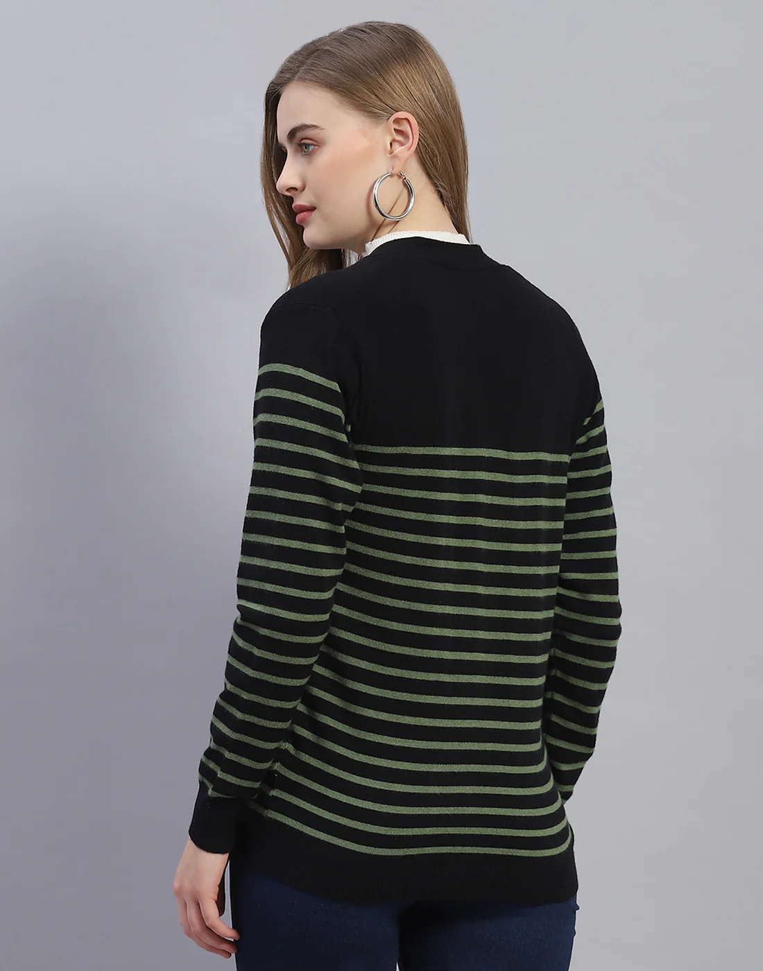 Women Black Stripe V Neck Full Sleeve Cardigan - Image 5