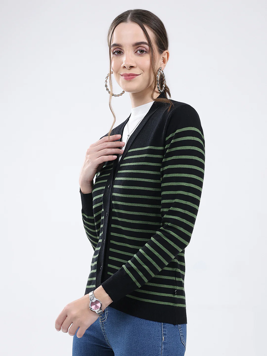 Women Black Stripe V Neck Full Sleeve Cardigan - Image 3
