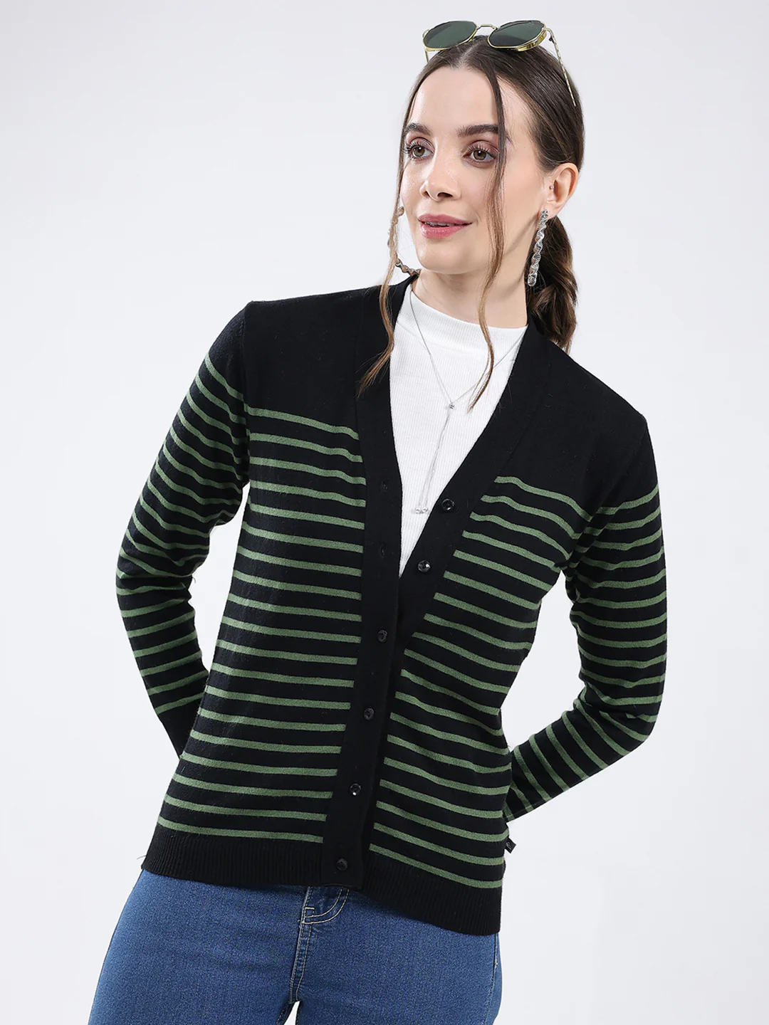 Women Black Stripe V Neck Full Sleeve Cardigan - Image 6