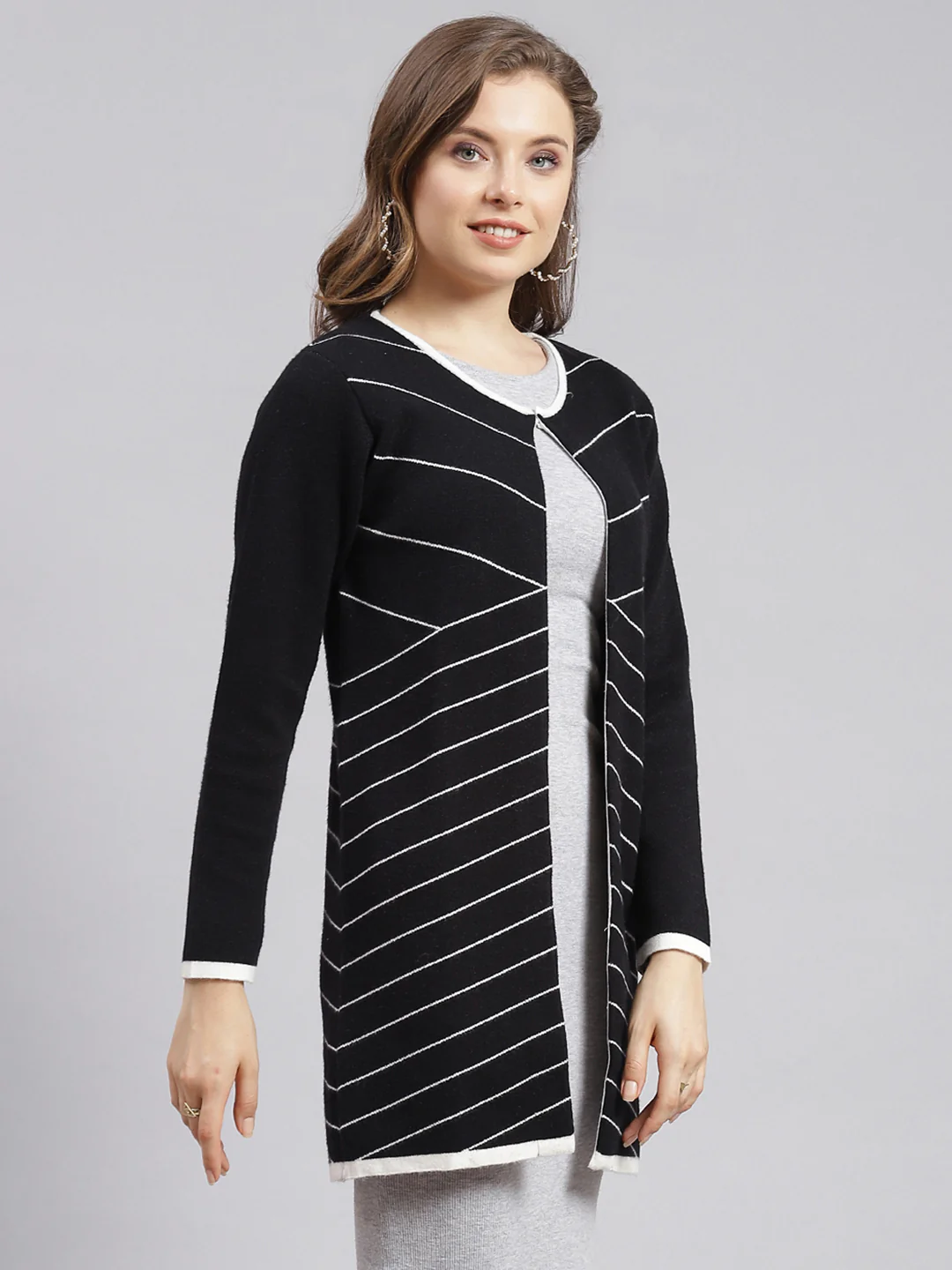 Women Black Stripe Wool blend Cardigan - Image 3