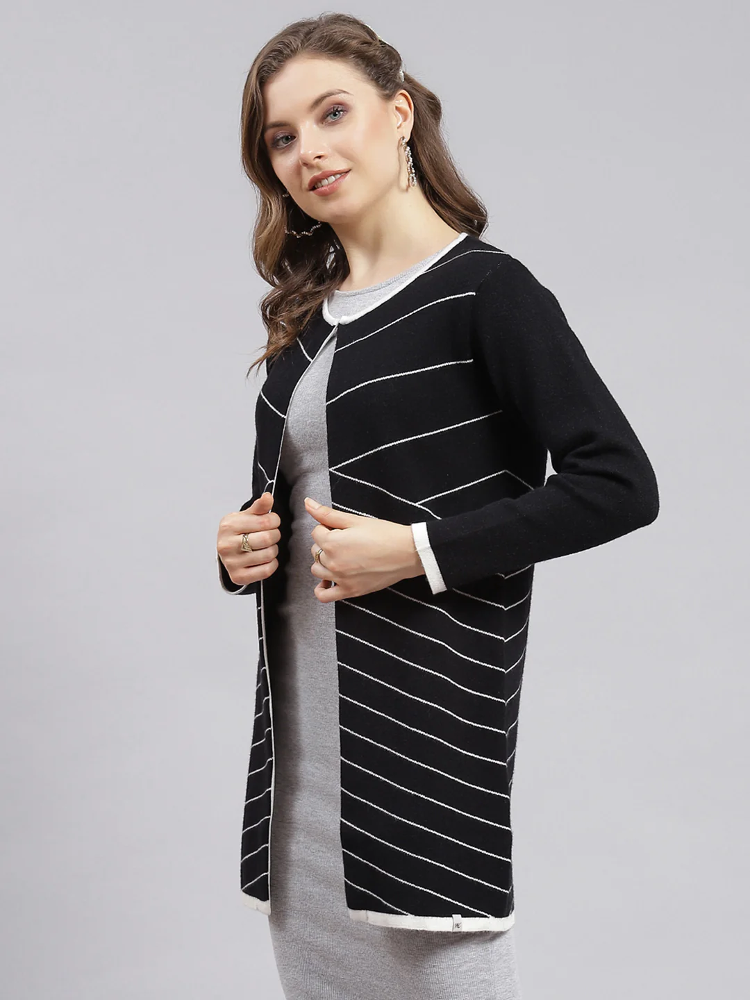 Women Black Stripe Wool blend Cardigan - Image 4