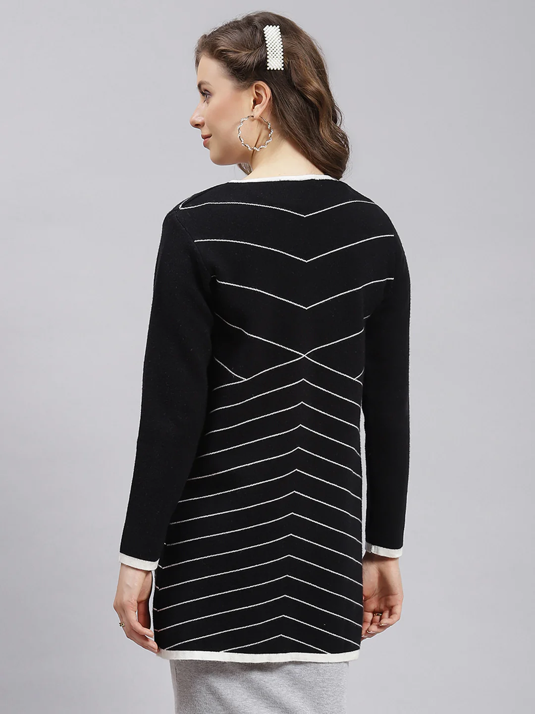 Women Black Stripe Wool blend Cardigan - Image 5