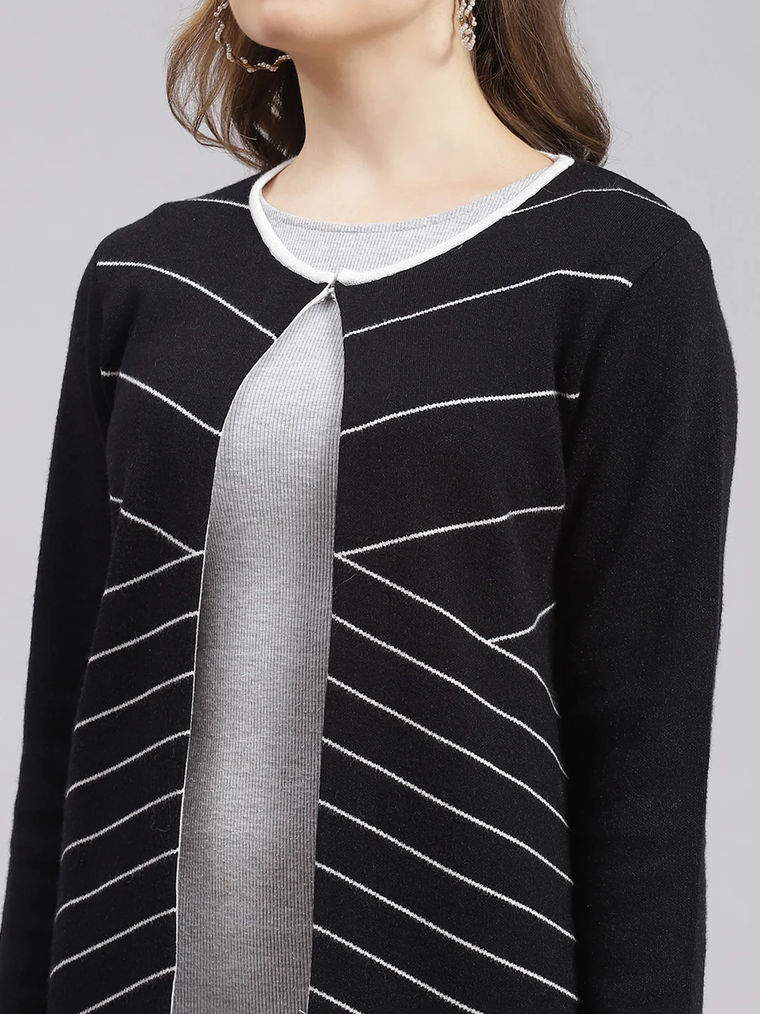 Women Black Stripe Wool blend Cardigan - Image 6