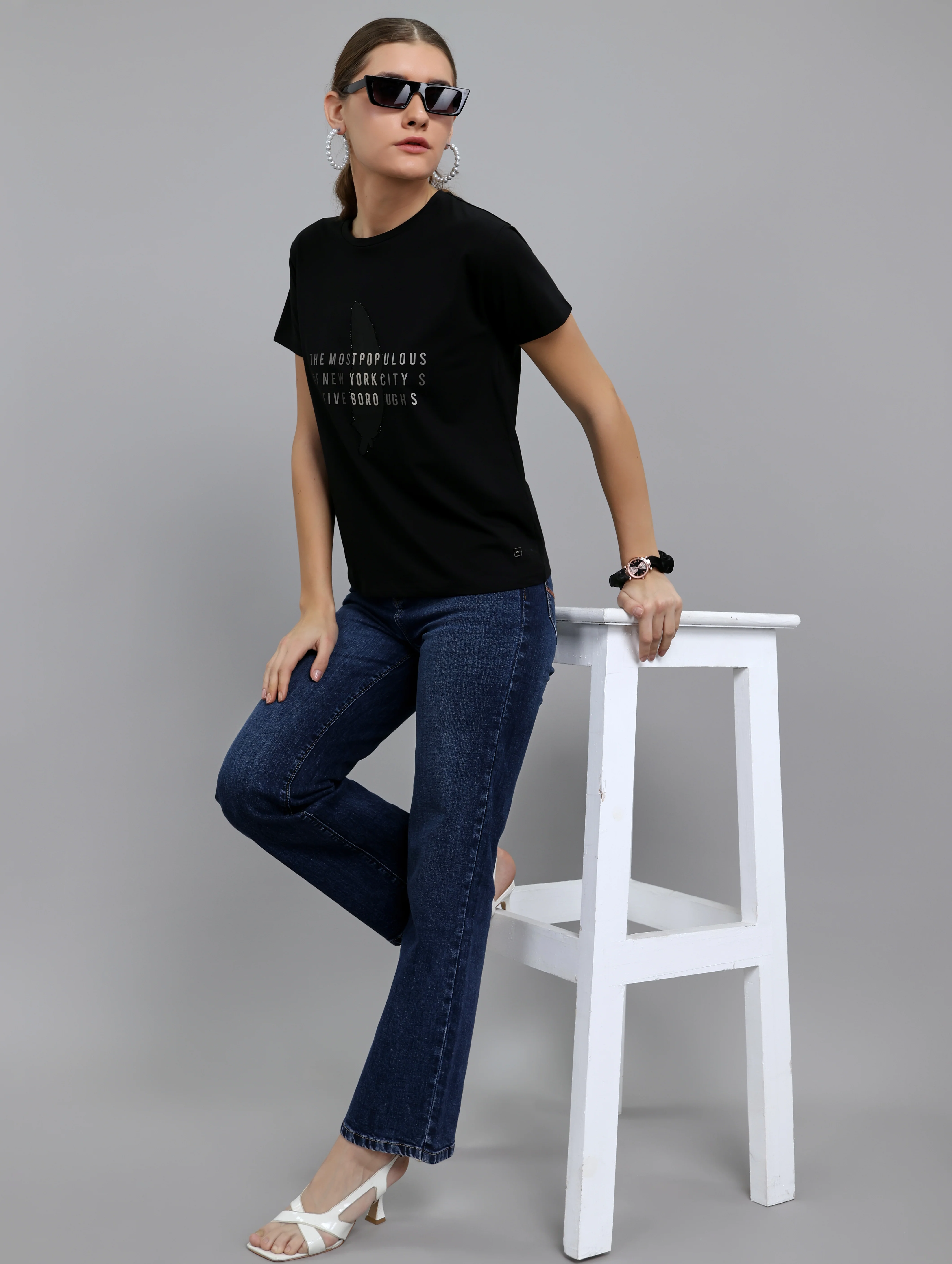 Women Black Typographic Round Neck Half Sleeve Top - Image 6