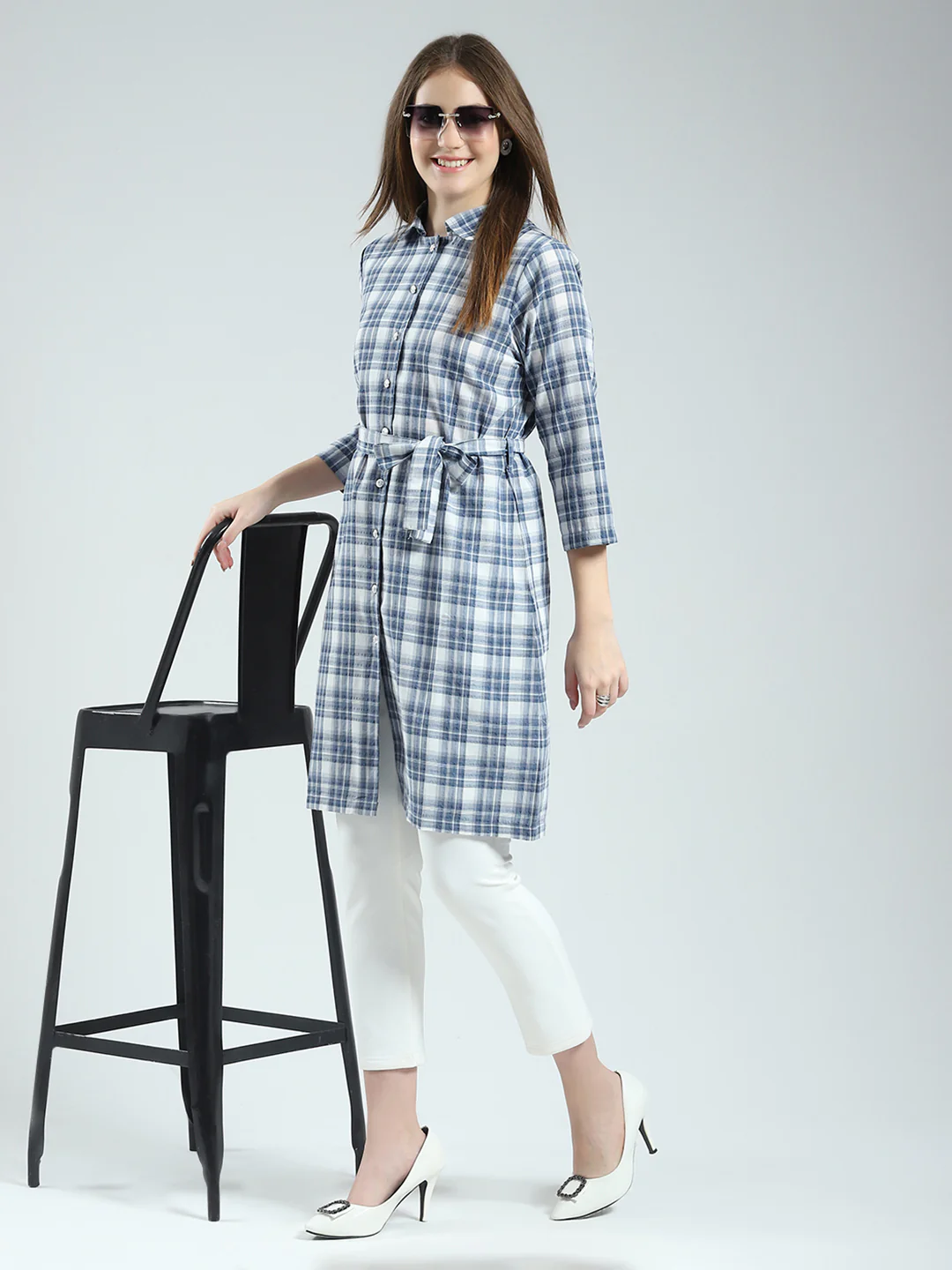 Women Blue Check Collar 3/4th Sleeve Tunic - Image 2