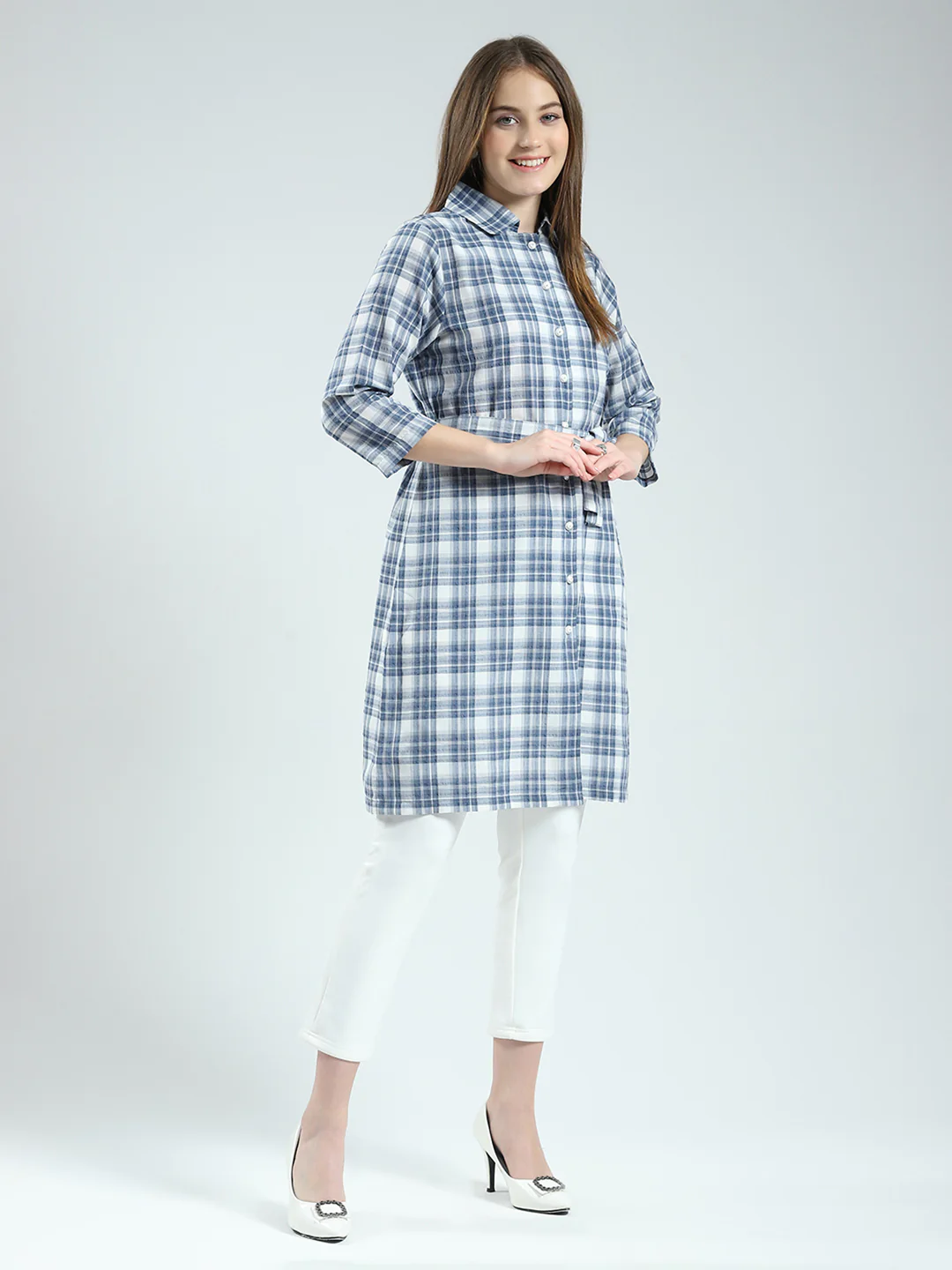 Women Blue Check Collar 3/4th Sleeve Tunic - Image 4