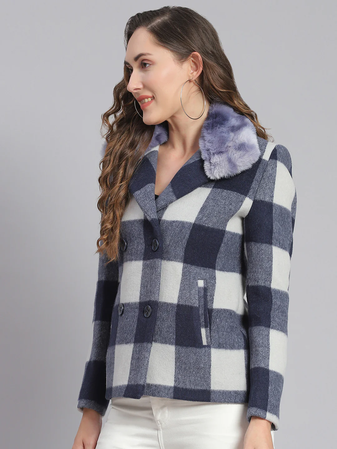 Women Blue Check Collar Full Sleeve Coats - Image 3