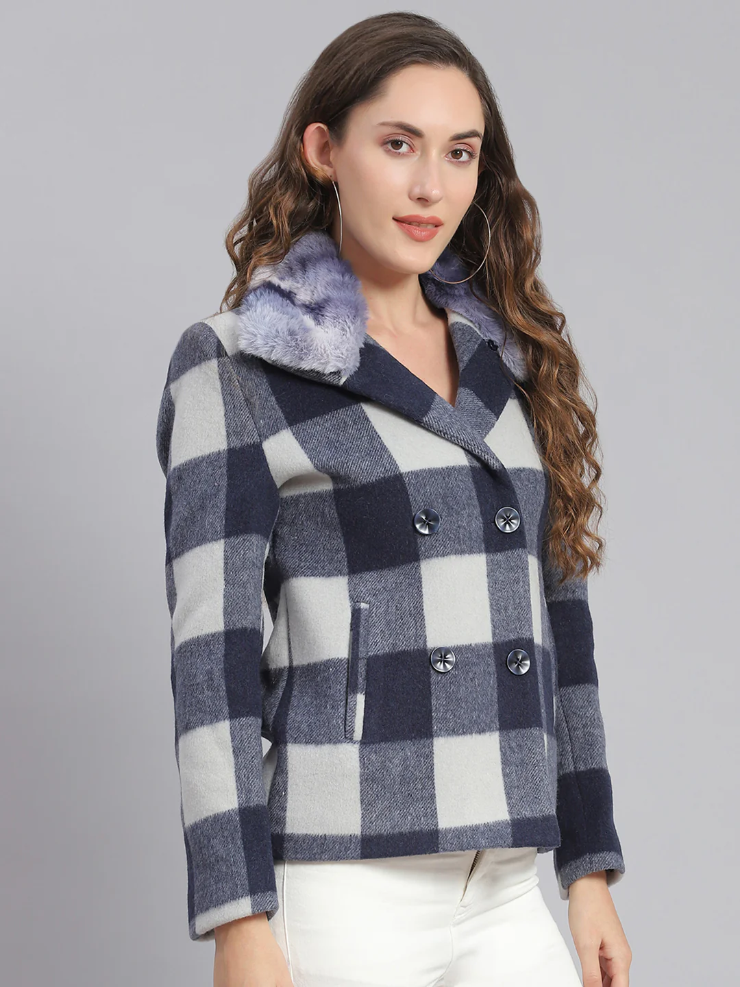 Women Blue Check Collar Full Sleeve Coats - Image 4
