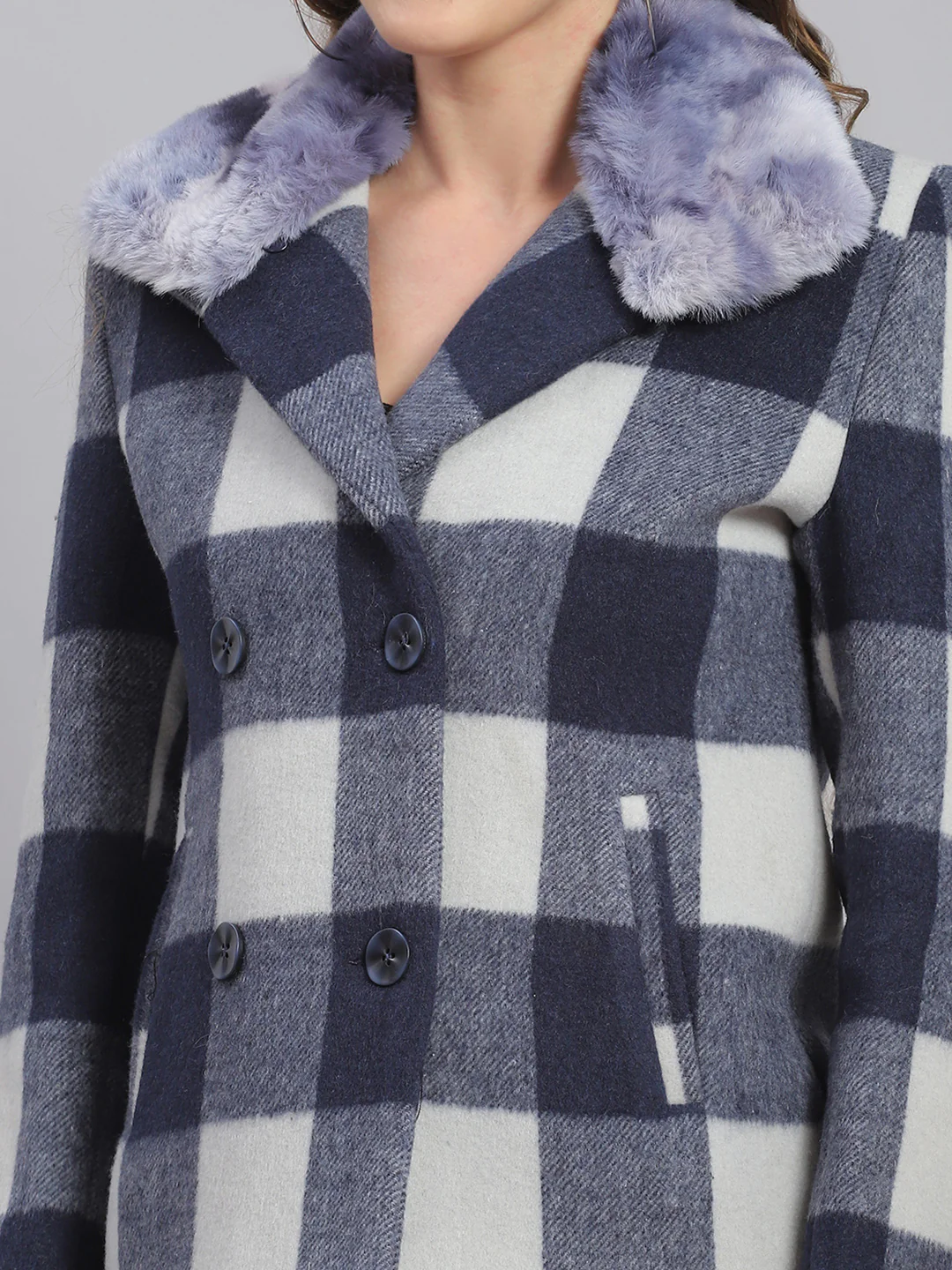Women Blue Check Collar Full Sleeve Coats - Image 6