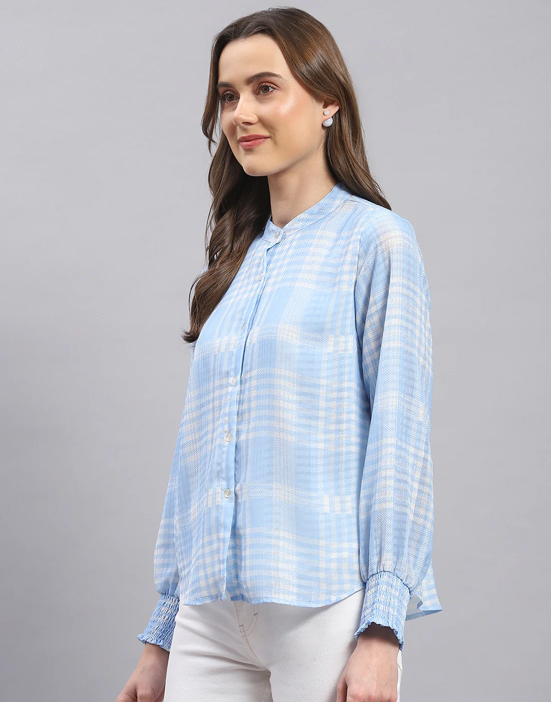 Women Blue Check Mandarin Collar Full Sleeve Top - Image 3
