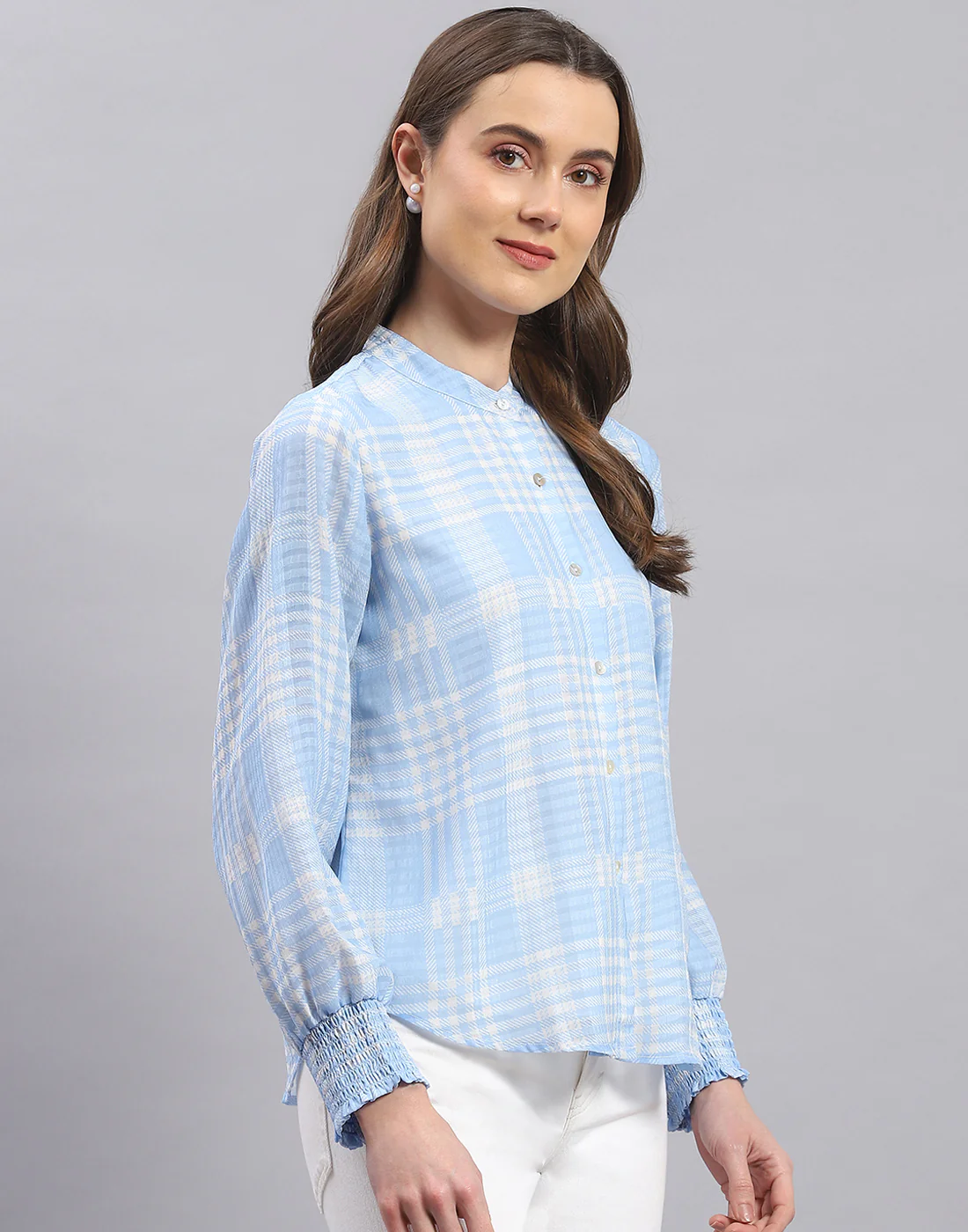 Women Blue Check Mandarin Collar Full Sleeve Top - Image 4
