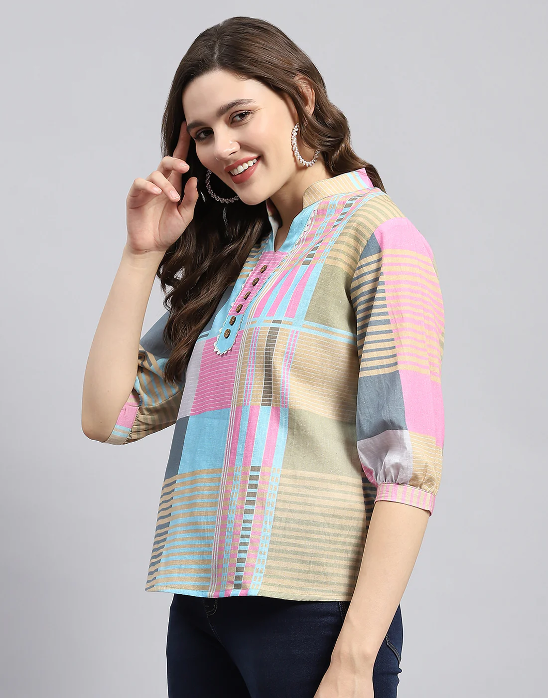 Women Blue Check Mandarin Neck 3/4 Sleeve Top - Image 3